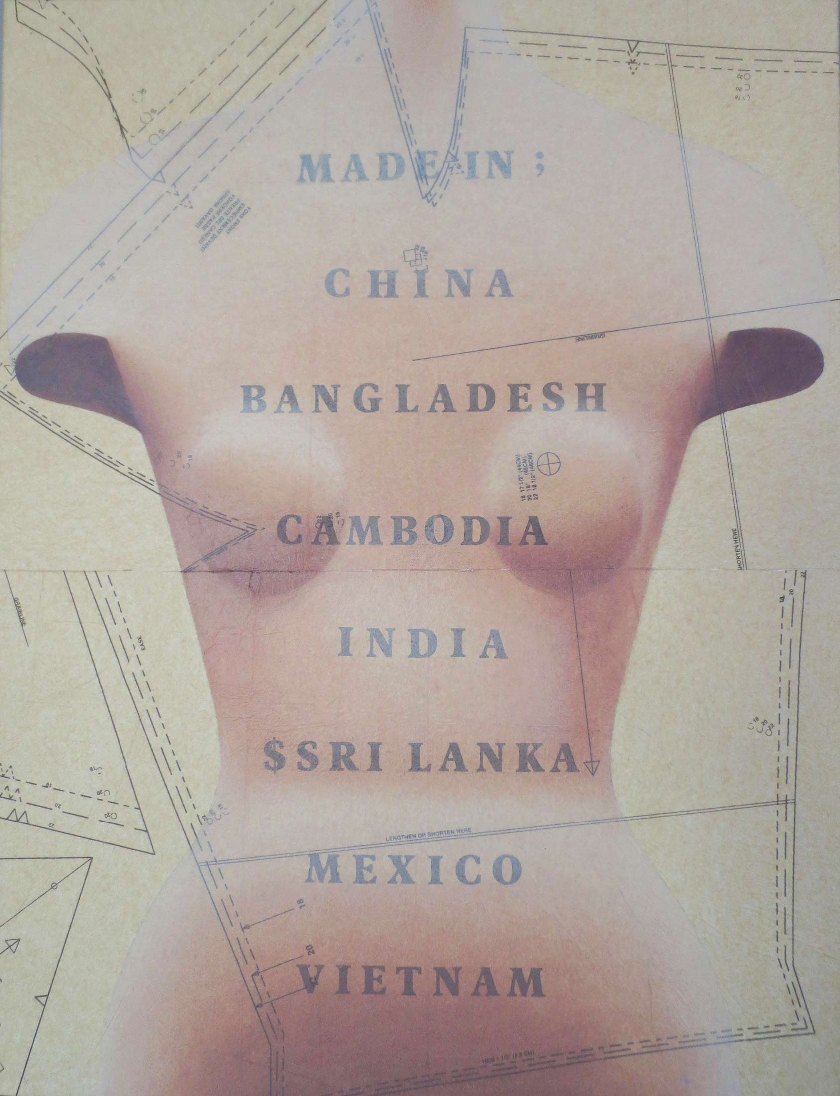 Made in Bangladesh, 2015, oil on collaged sewing pattern paper, 25” x 19”