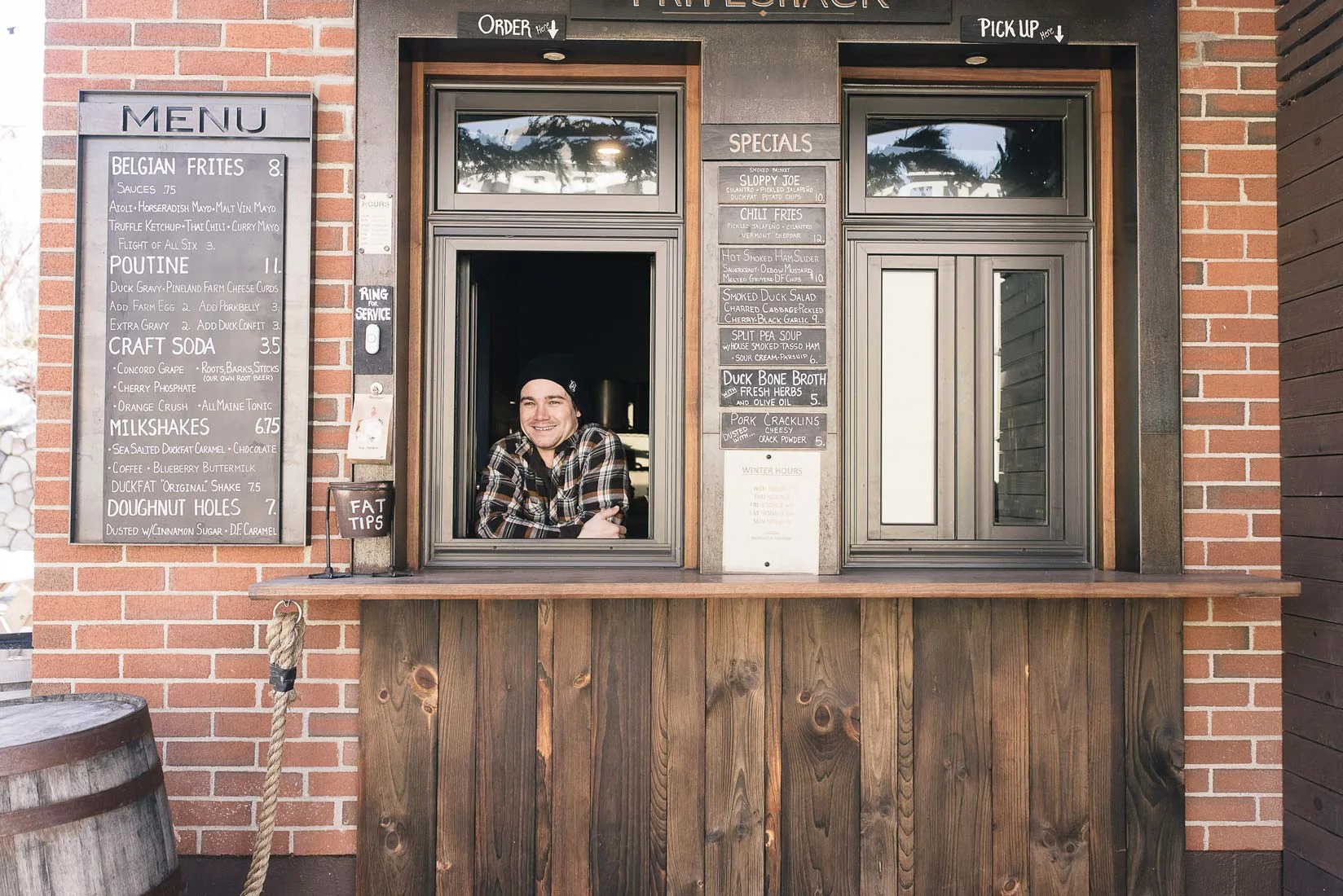 In the beer garden at Oxbow Blending & Bottling, Duckfat Friteshack’s walk-up fry window is modeled after similar setups in Belgium and Amsterdam.