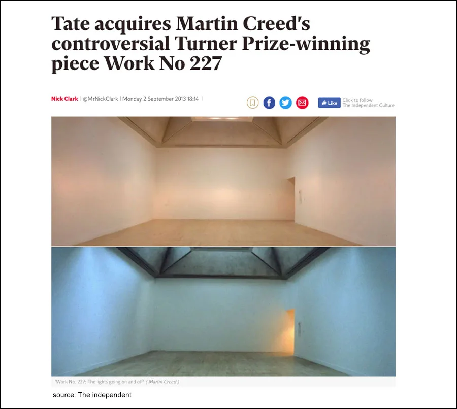 Art World enthusiasts and critics had called it “a statement against the clutter and consumerism in the world” Martin Creed took home “the £20,000 annual Turner Prize…(for) an empty room with lights that flicker on and off every five seconds”.