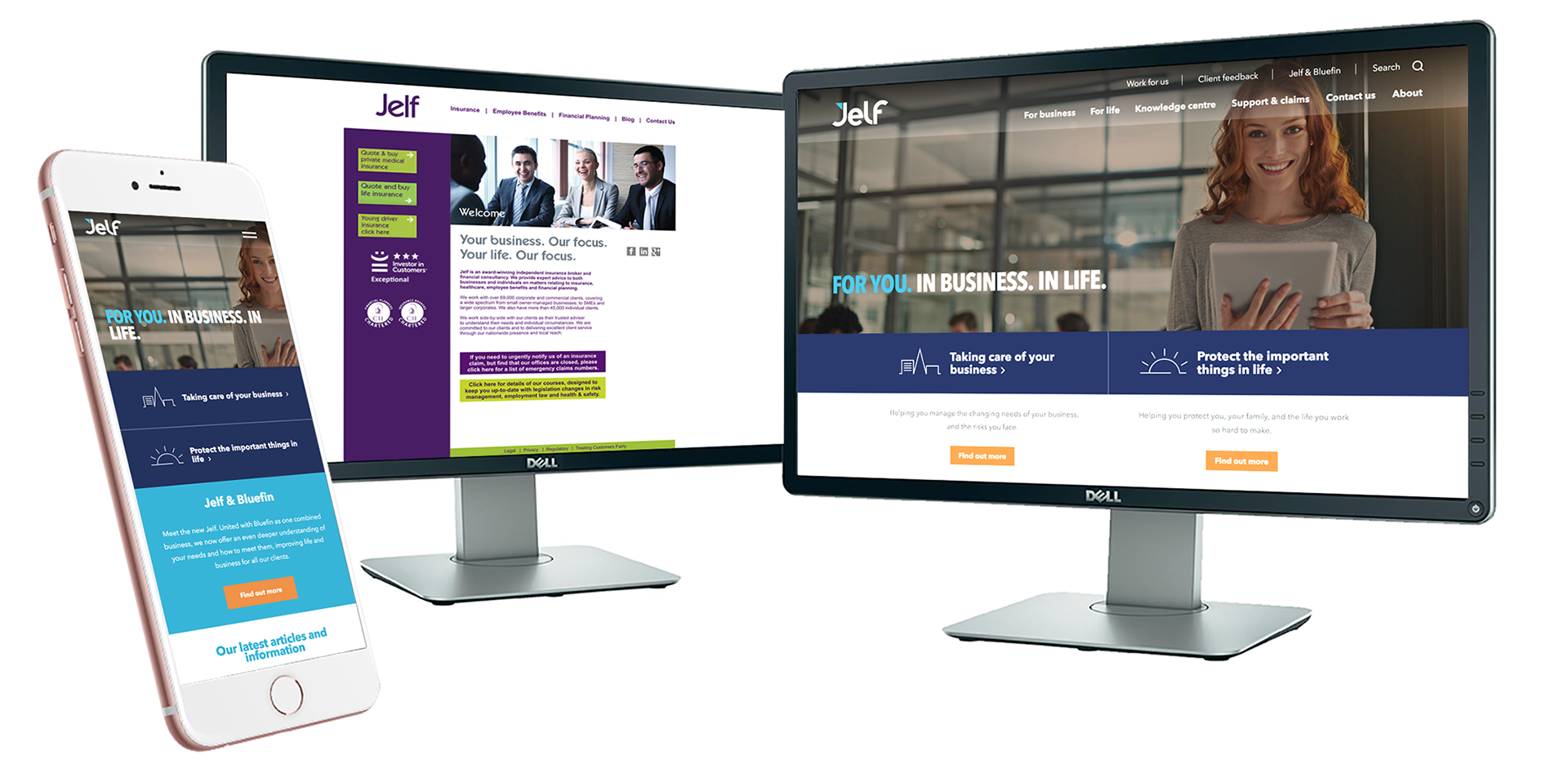 Before and after: Jelf's main site - one of dozens - in 2016 at project start, and the new, responsive site today. The new site marked the first significant milestone in our digital transformation programme.