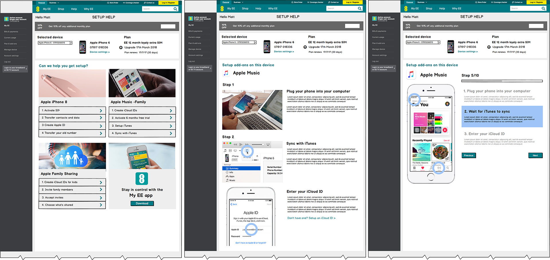 My work also covered improved online help to configure the new phones, troubleshooting and enhancements to 'My EE's' daily use features, such a understanding data usage, topping up credit and buying add-ons