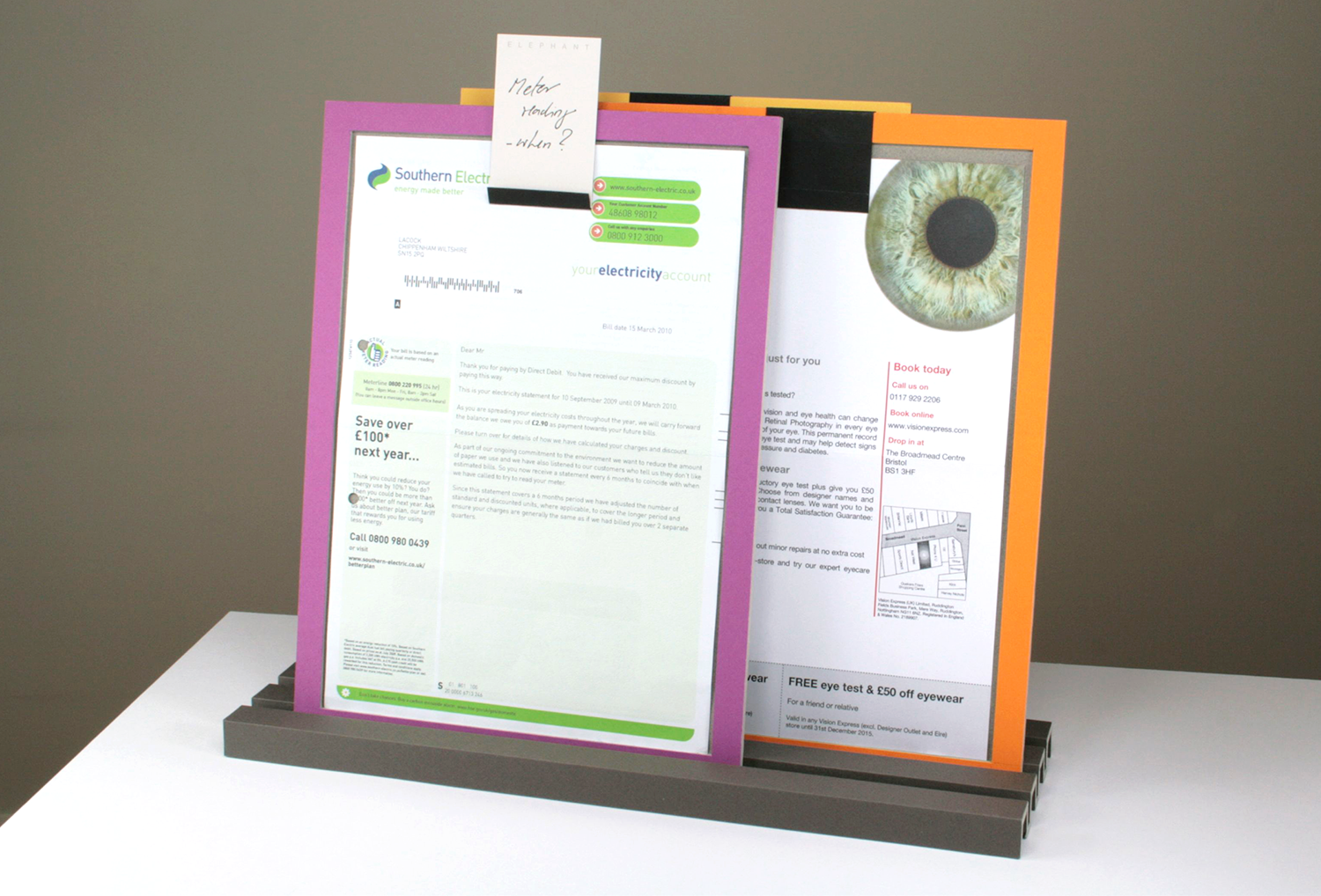 Life is full of important letters and documents, but the impaired brain is taxed by stacks of paper. Content hidden from view becomes difficult retain and the missed information becomes a frustration. Instead, 'memory frames' prove the visibility and graphical contrast needed, prioritising and drawing attention to information in the home environment