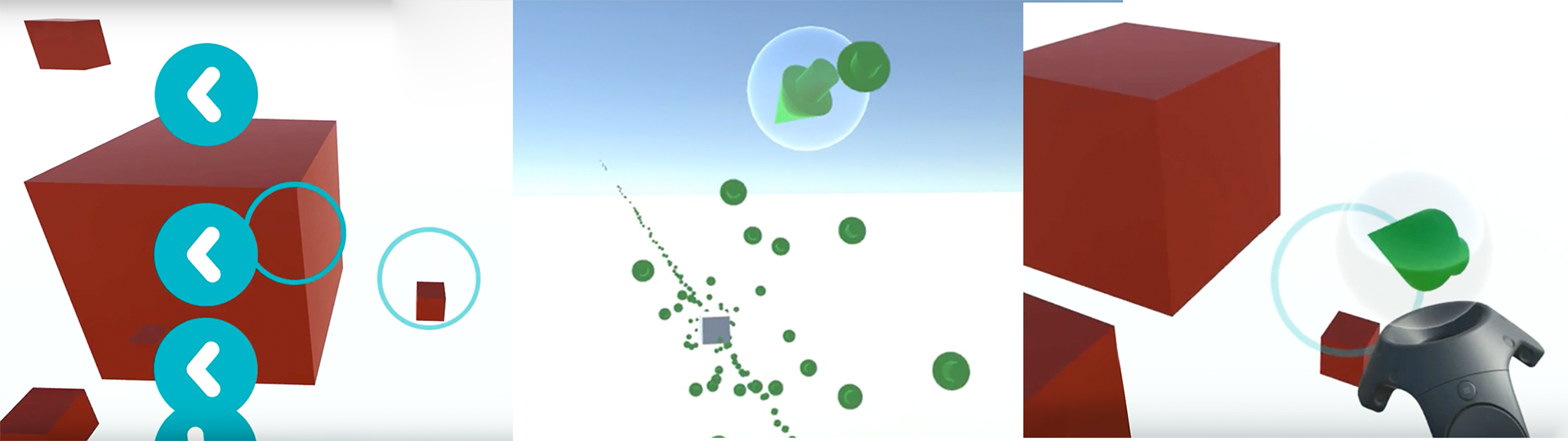 We created a range of experimental methods for navigating the 3D vessel in VR, as way-finding in such a dark, cramped space proves a serious issue for many users today. We tested with users to explore practicality, settling on controller-mounted indicators (right) which didn't restrict vision, and could be brought into view intuitively when needed