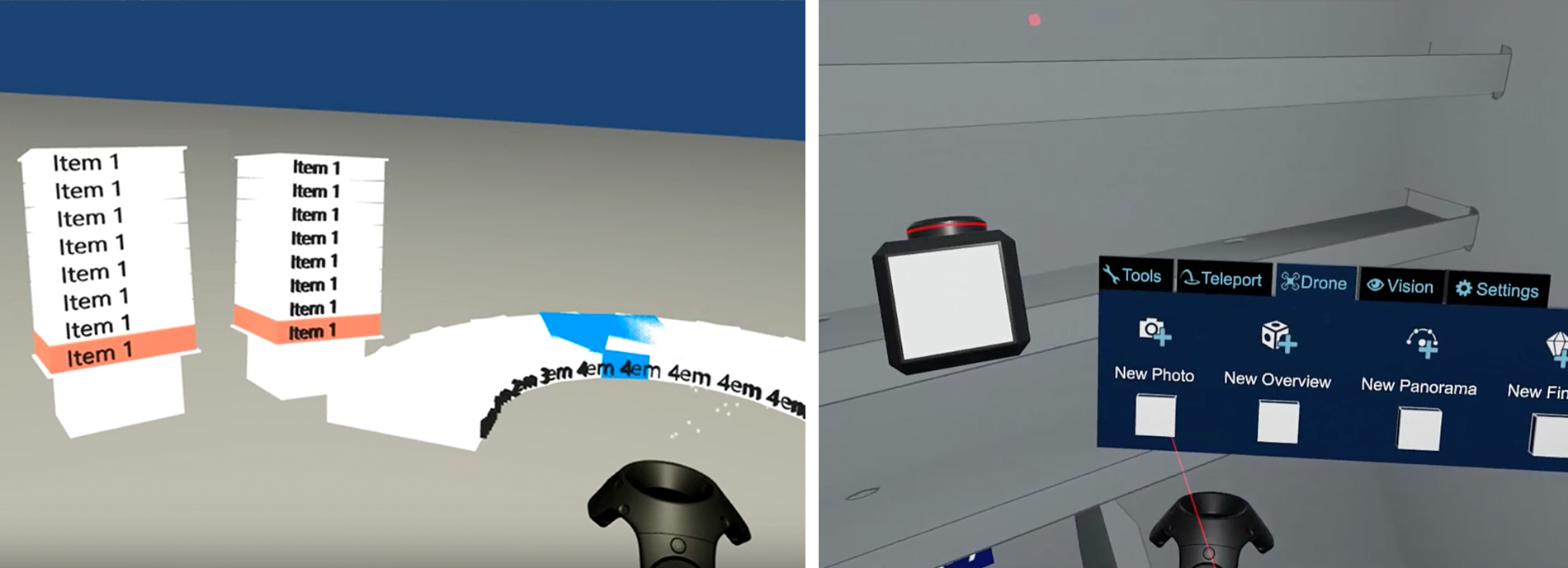Left - A range of quick, prototype UI elements, built for user testing to determine the most suitable for our application. Right - 3D camera objects and UI panels anchored on the controllers, which proved most successful and hence were detailed further