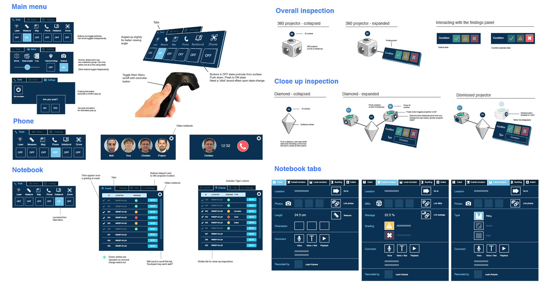 Detailed mockups for UI menu controls in VR. We used one small, controller-mounted panel, and a larger, free-floating panel which could be anchored and re-positioned within the environment. Additionally, some UI controls proved most intuitive as 3D, semantic objects such as cameras and speakers. We tried to make the most of learned behaviour by building physical controls on to these such as buttons and handles