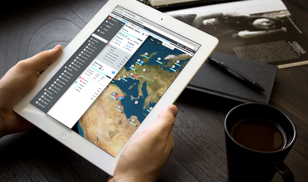 Illustrator /Photoshop UI mockup. Tablet site demonstrating clear overview of a wind farm portfolio