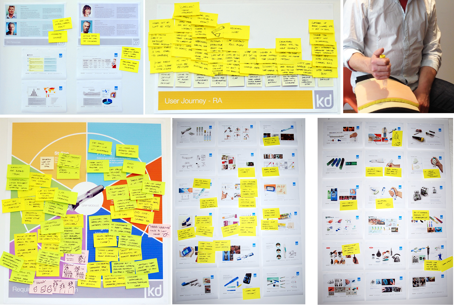 A client stakeholder workshop involved co-creating user personas, a journey map and setting project goals and restrictions. The team conducted desk research to identify competitors and market innovations, and reviewed them with the client, using feedback to help determine direction for concept ideation. We also all used the existing product to 'inject' ourselves using a skin substitute foam, so we could experience how it felt first-hand