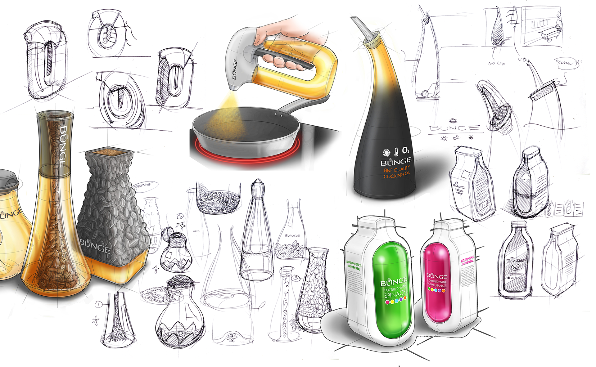 Sample product development sketches, exploring form, materials, pack graphics and on-shelf appearance for each of the selected concepts. Starting with pen and paper, I moved to digital sketches once a rough form was established, detailing and rendering using a Wacom tablet and Autodesk Sketchbook