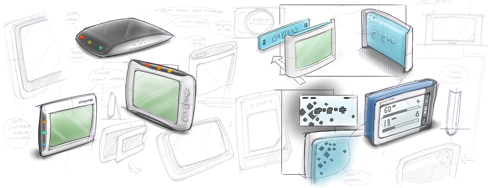 With electronic design underway and target costs defined, we began exploring product form in a range of sketch concepts. We worked to find an appealing style that also allowed the product to stand, to be wall-mounted, and to include indicator LEDs to draw user attention