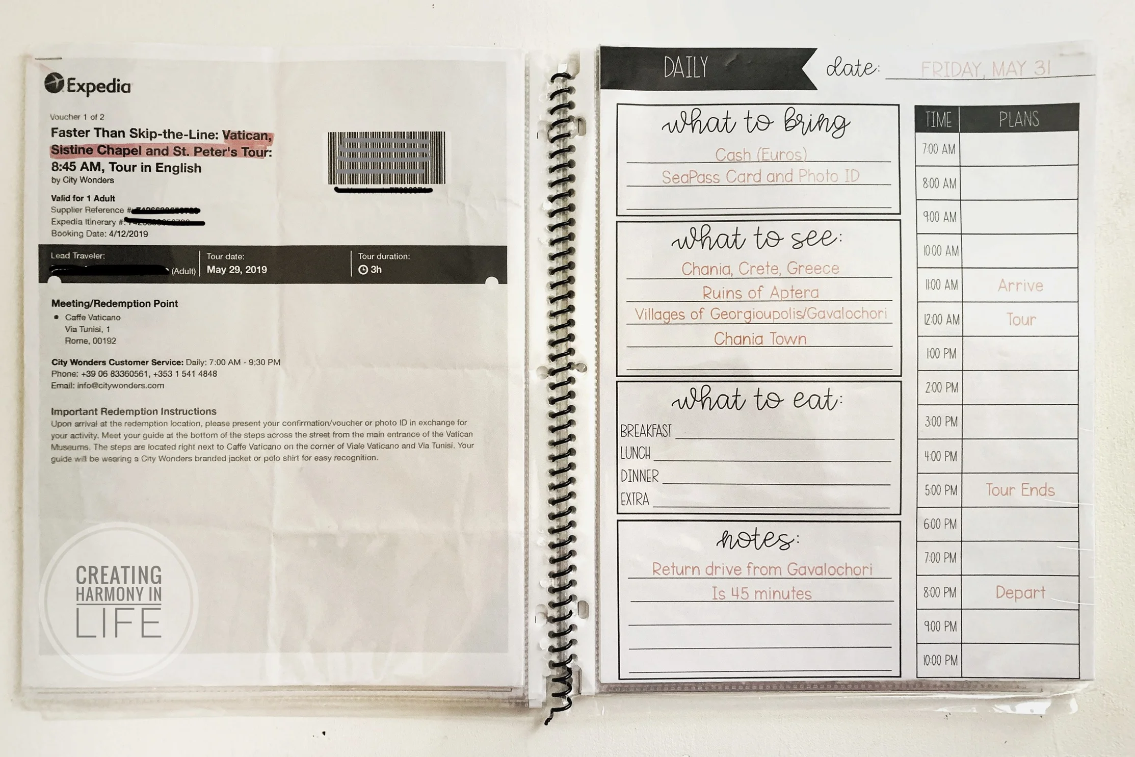 Each day had a daily sheet with notes from the excursion website and I kept the vouchers/contact info/printed receipts in the pocket sleeve behind the correlating day for easy accessibility.