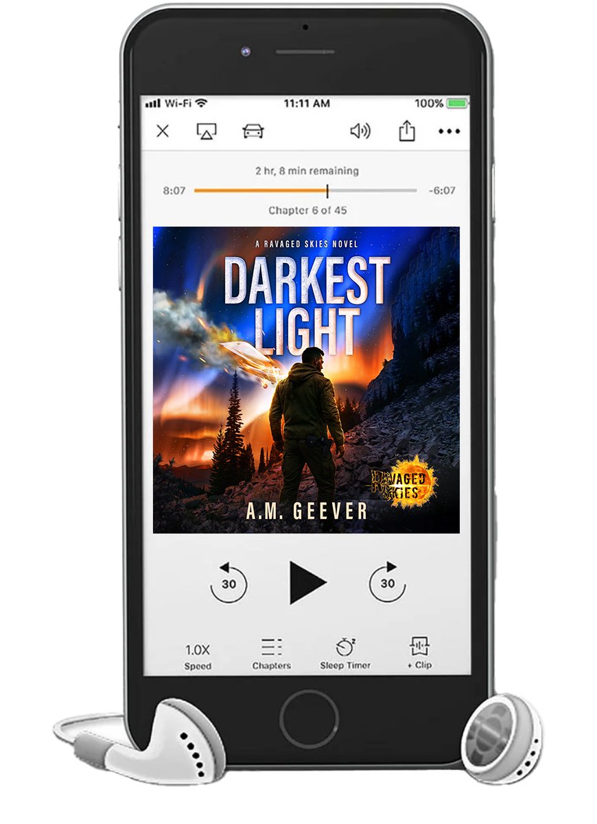 Silhouette of man looking over a mountain, a sky filled with a colorful aurora, title: Darkest Light, by A.M. Geever