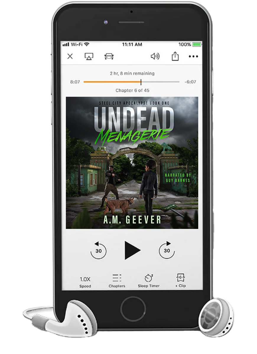 Phone playing audiobook file for Undead Menagerie by A.M. Geever; aarmed woman and man walking up a road in a post apocalyptic landscape under gray storm clouds and dilapidated, arched wall, with an Iberian lynx following the woman.