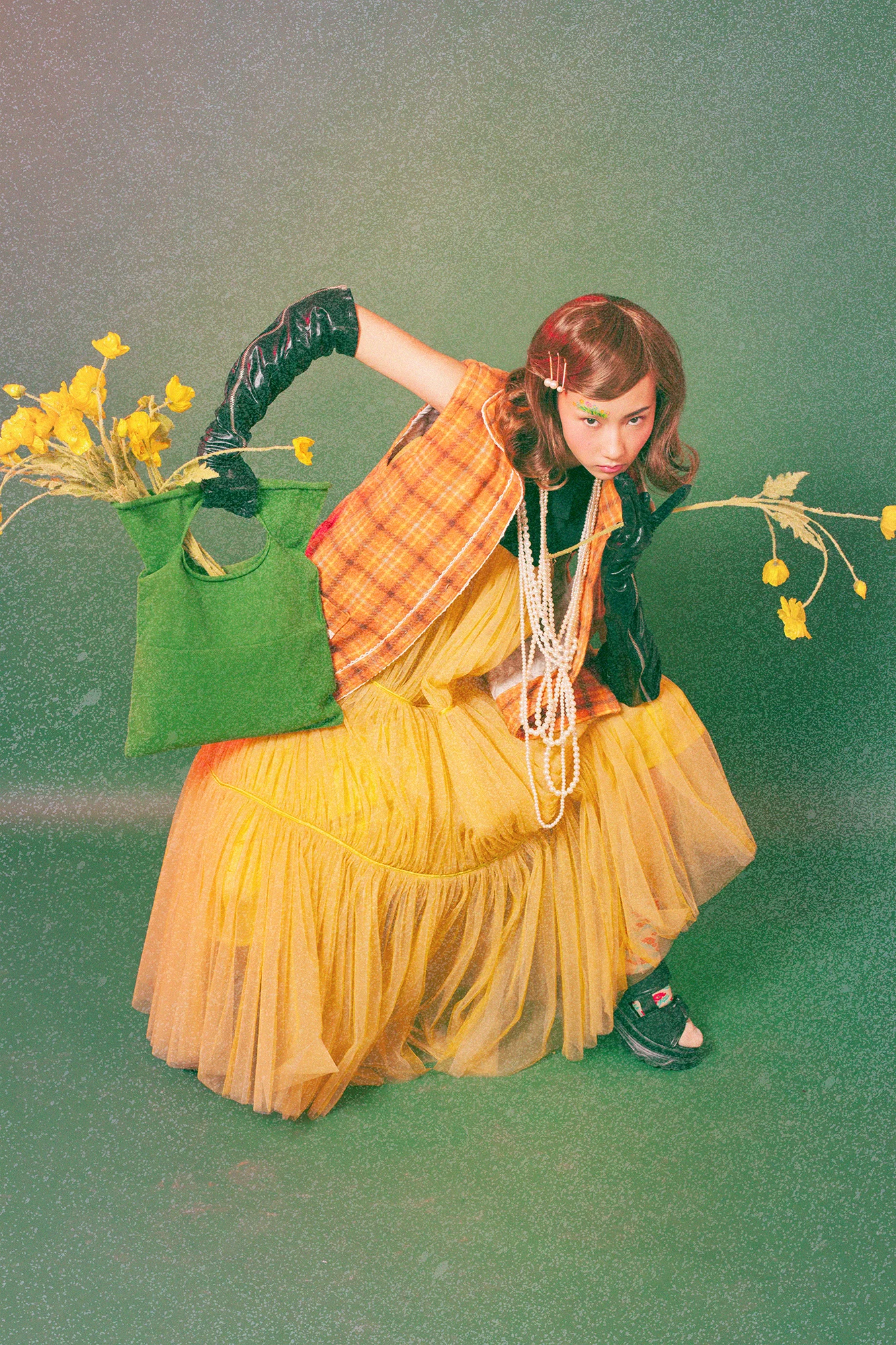 orange checkered vest by stylist's own yellow ruffles dress by @noom_nomi green tote origami bag by isseymiyake shoes by stylist's own