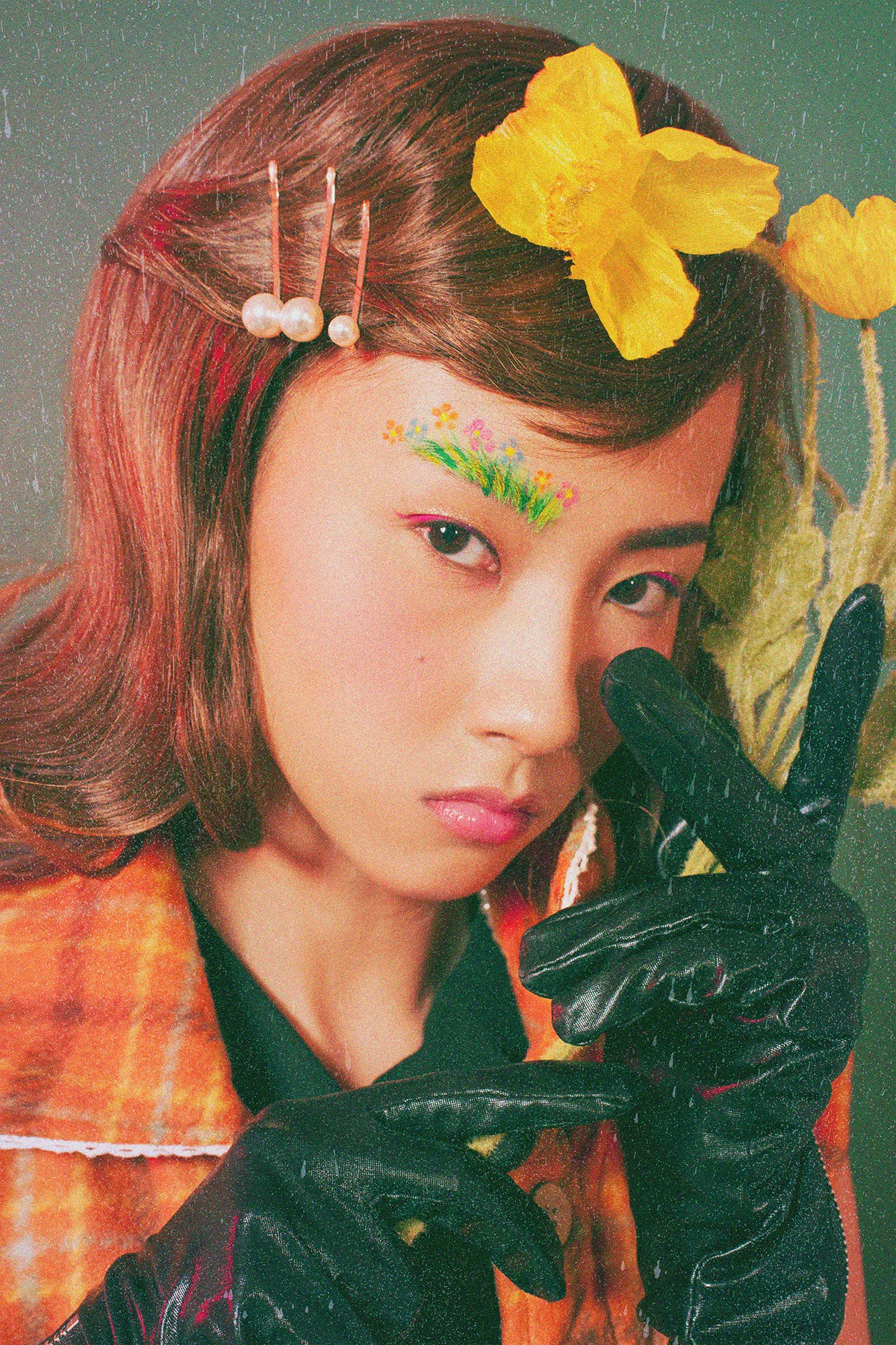 orange checkered vest by stylist's own yellow ruffles dress by @noom_nomi