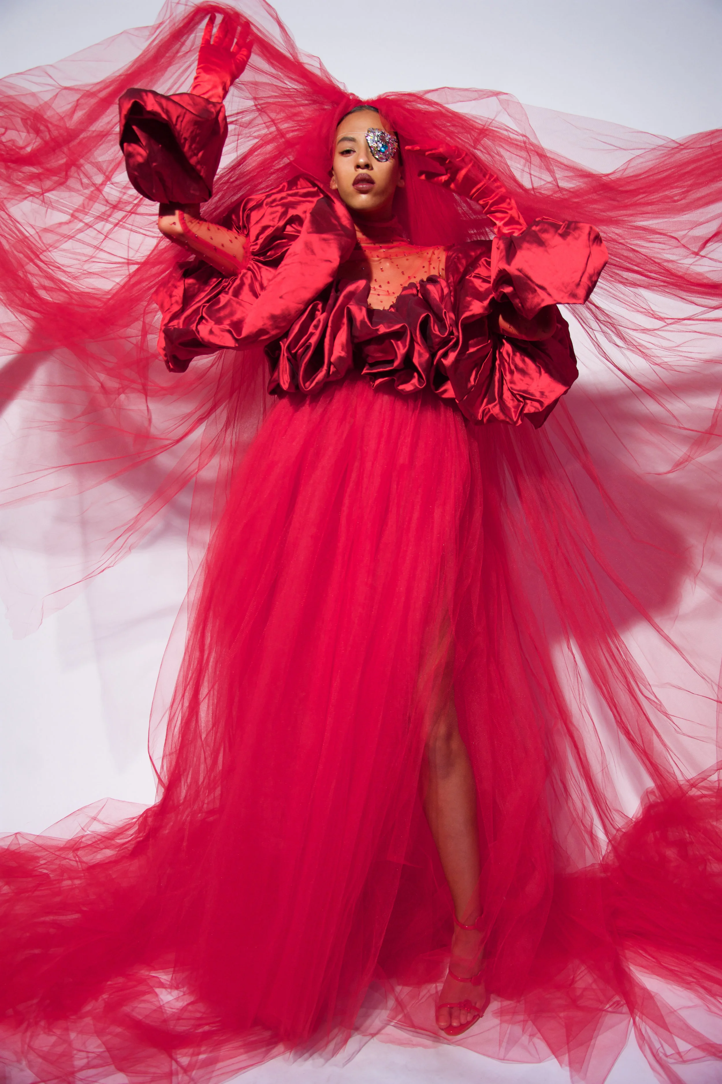 Anita M. is wearing Haute couture Tulle red dress by Davorin Cordone shoes by Giuseppe Zanotti accessories handmade with swarovsky by helion private collection red gloves by borsalino