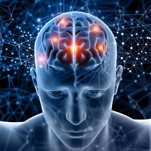 illustration of human brain and network of synapses in the background