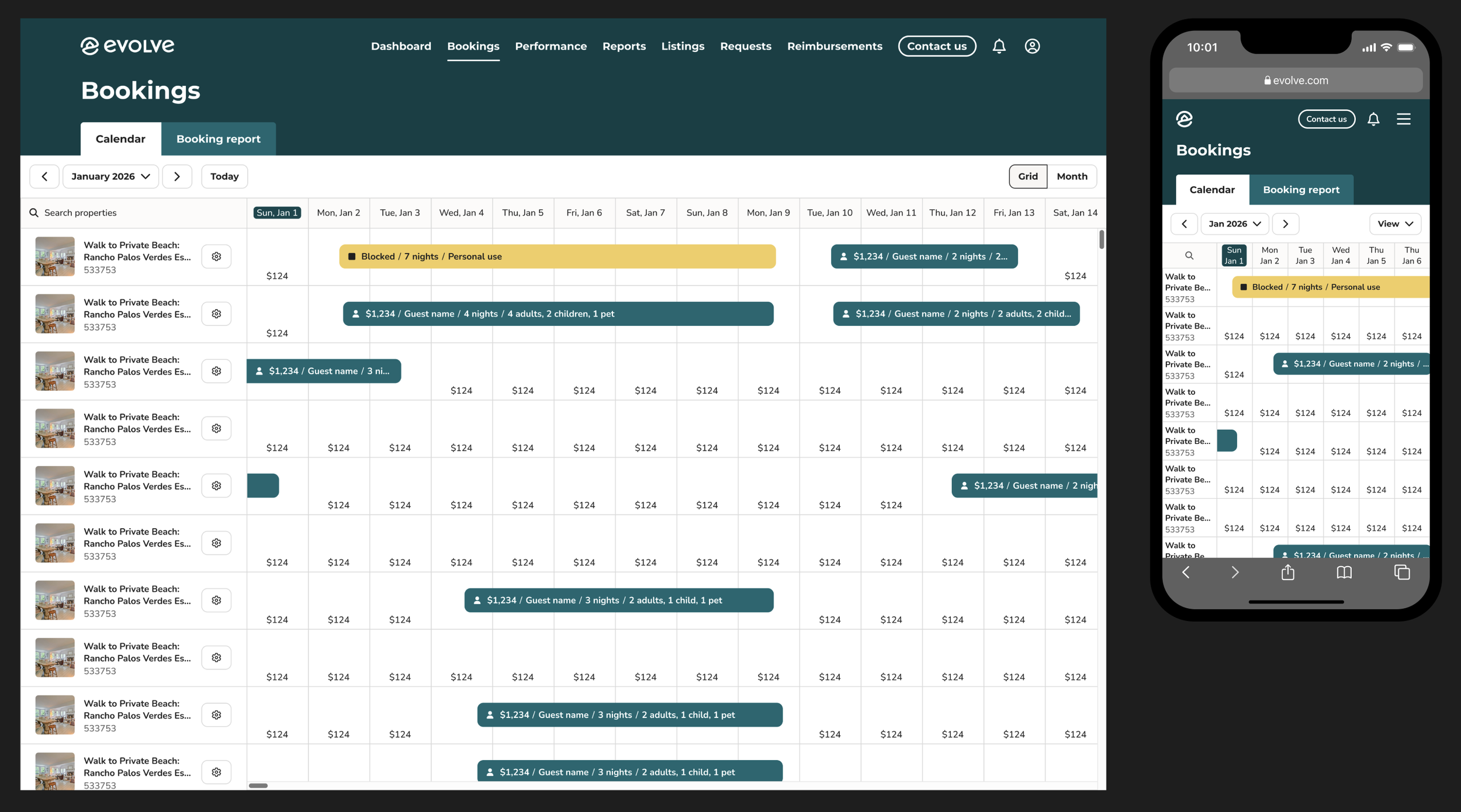 Multi-listing desktop and mobile calendar