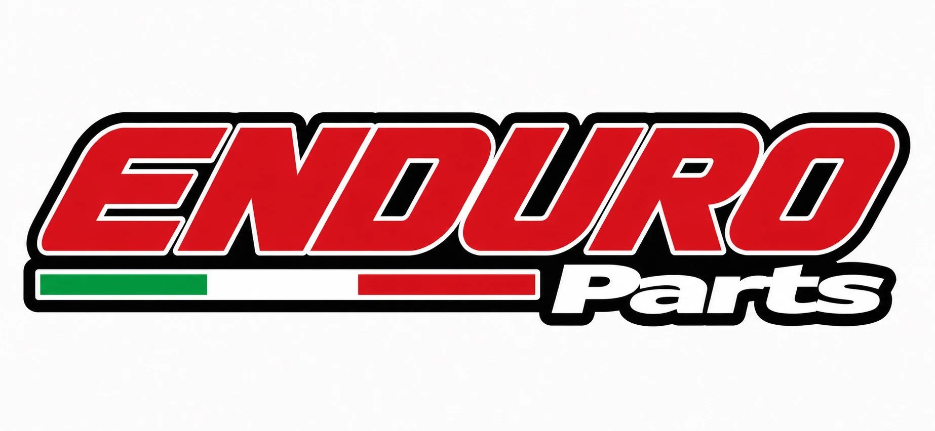 Logo for Enduro Parts with bold red text, black outline, a green and white bar