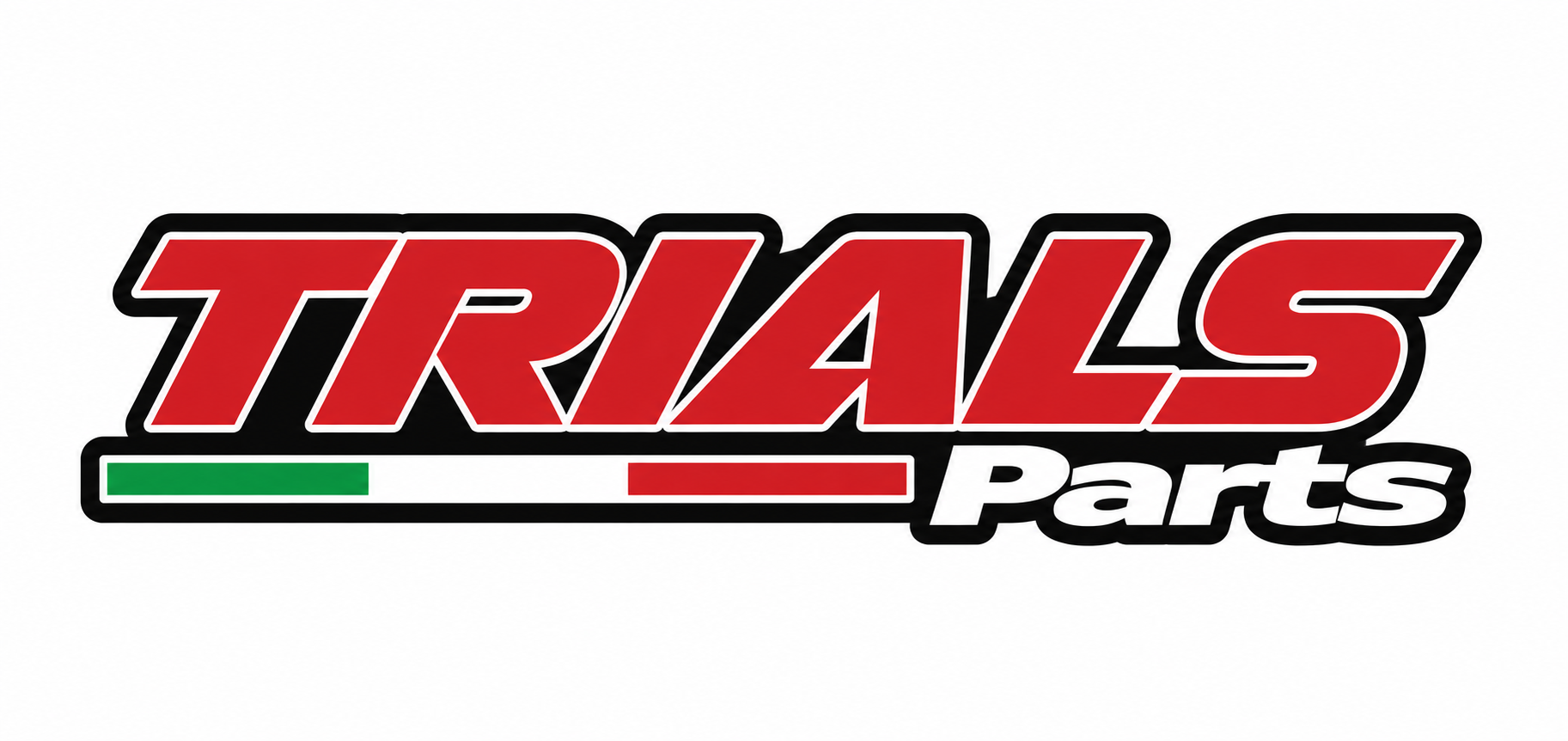 Logo for Trials Parts with red, white, green, and black design elements.