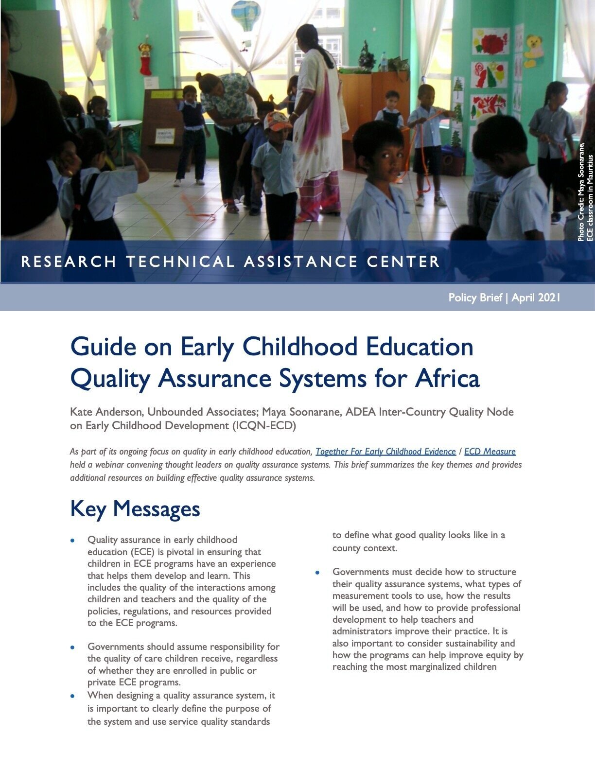 Guide on Early Childhood Education Quality Assurance Systems for Africa, by Kate Anderson and Maya Soonarane