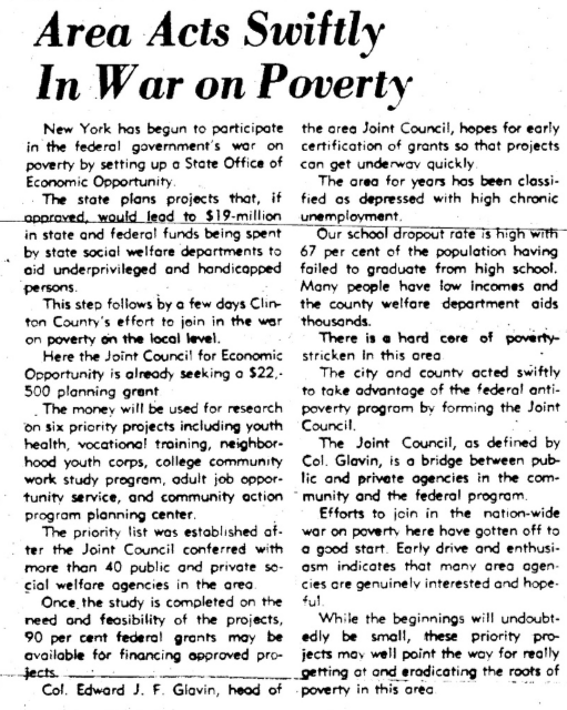 News article from December of 1964, headline stating that Area Acts Swiftly in War on Poverty