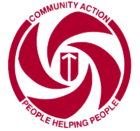 Original Wheel Shaped Community Action Logo, with an upwards pointing arrow in the center, and text at the top that reads "Community Action" and text at the bottom that reads "People Helping People"