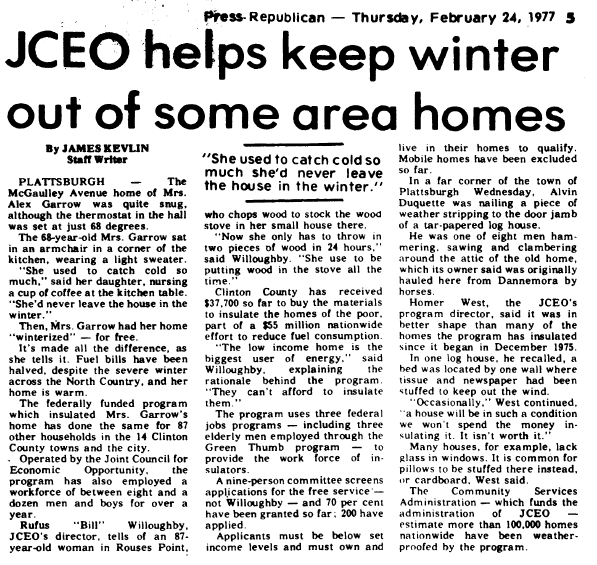Newspaper clipping from 1977, headline JCEO helps keep winter out of some area homes.