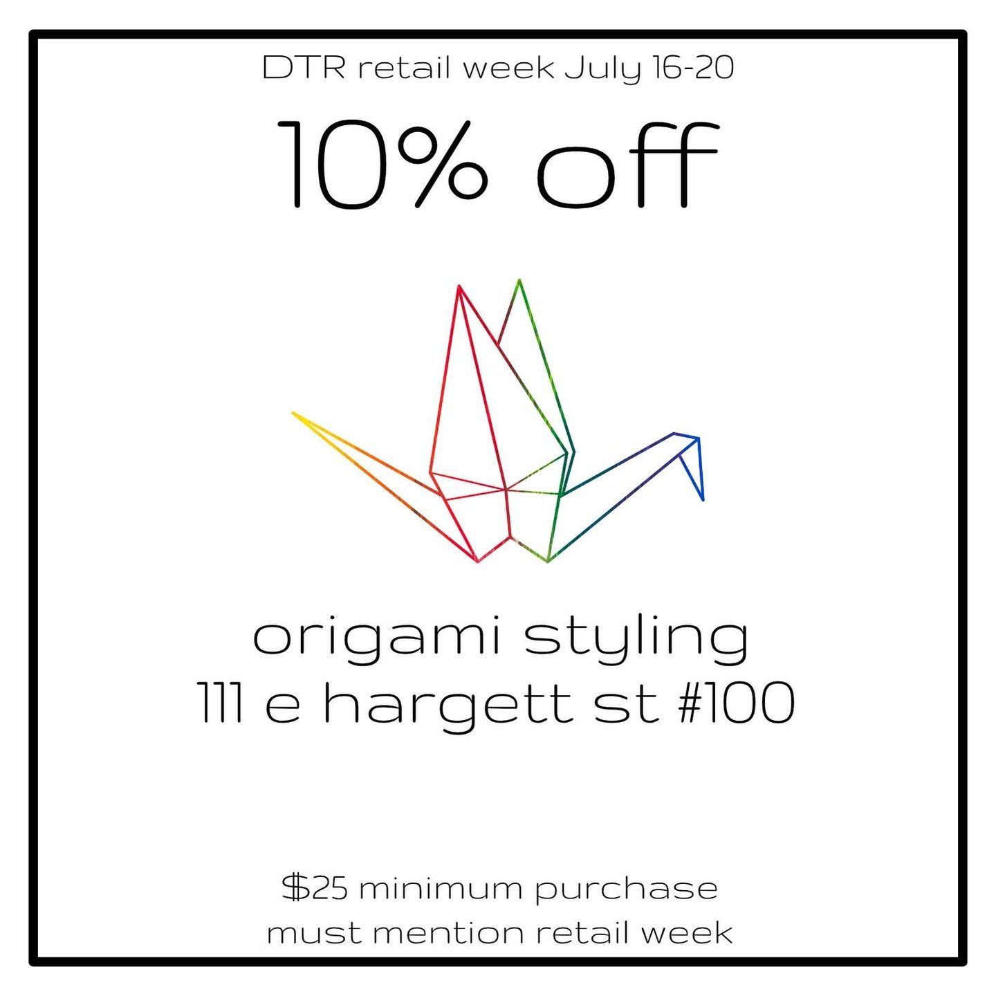 More deals for Shop DTR Retail Week! Head over to Origami Styling for 10% off when you mention Retail Week ($25 min purchase). 

There&rsquo;s lots going on during Shop DTR Retail Week. Follow @dtrindependentshops to stay up to date with participatin