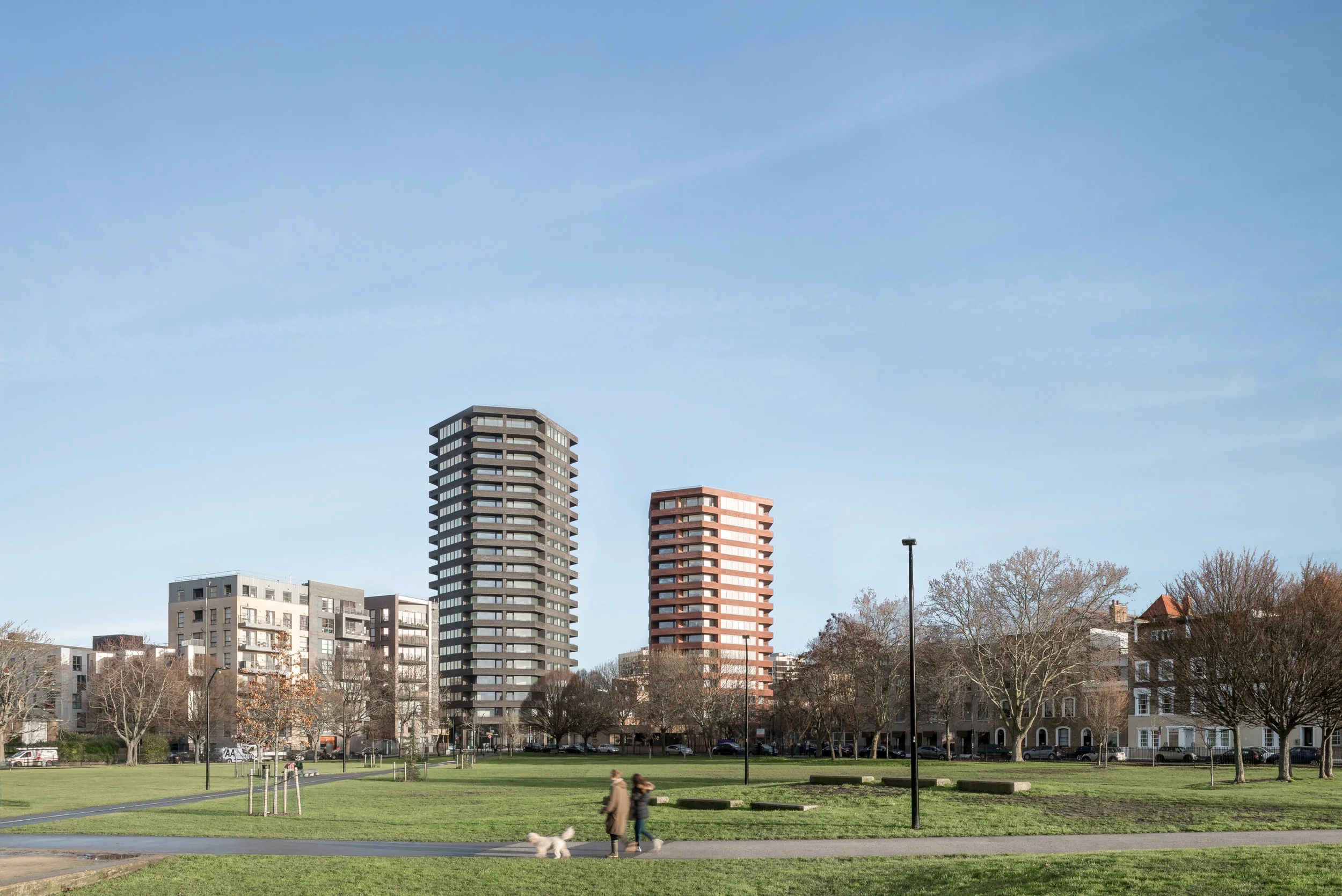 View of the towers from Shoreditch Park.