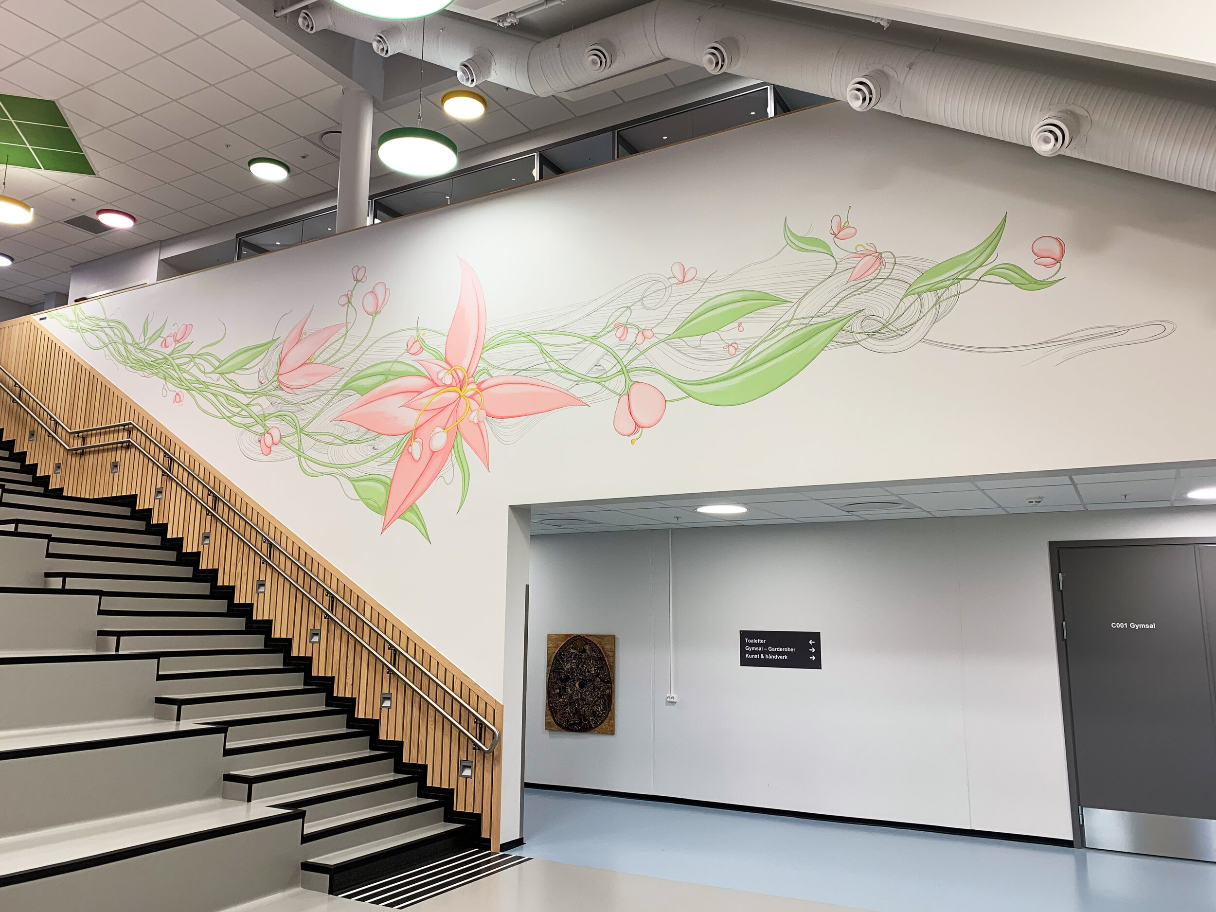   Flowering    acrylic paint and felt pen on wall, 15 x 3m  Harstad Elementary School, 2018    Photo:  Kjell Ove Storvik 