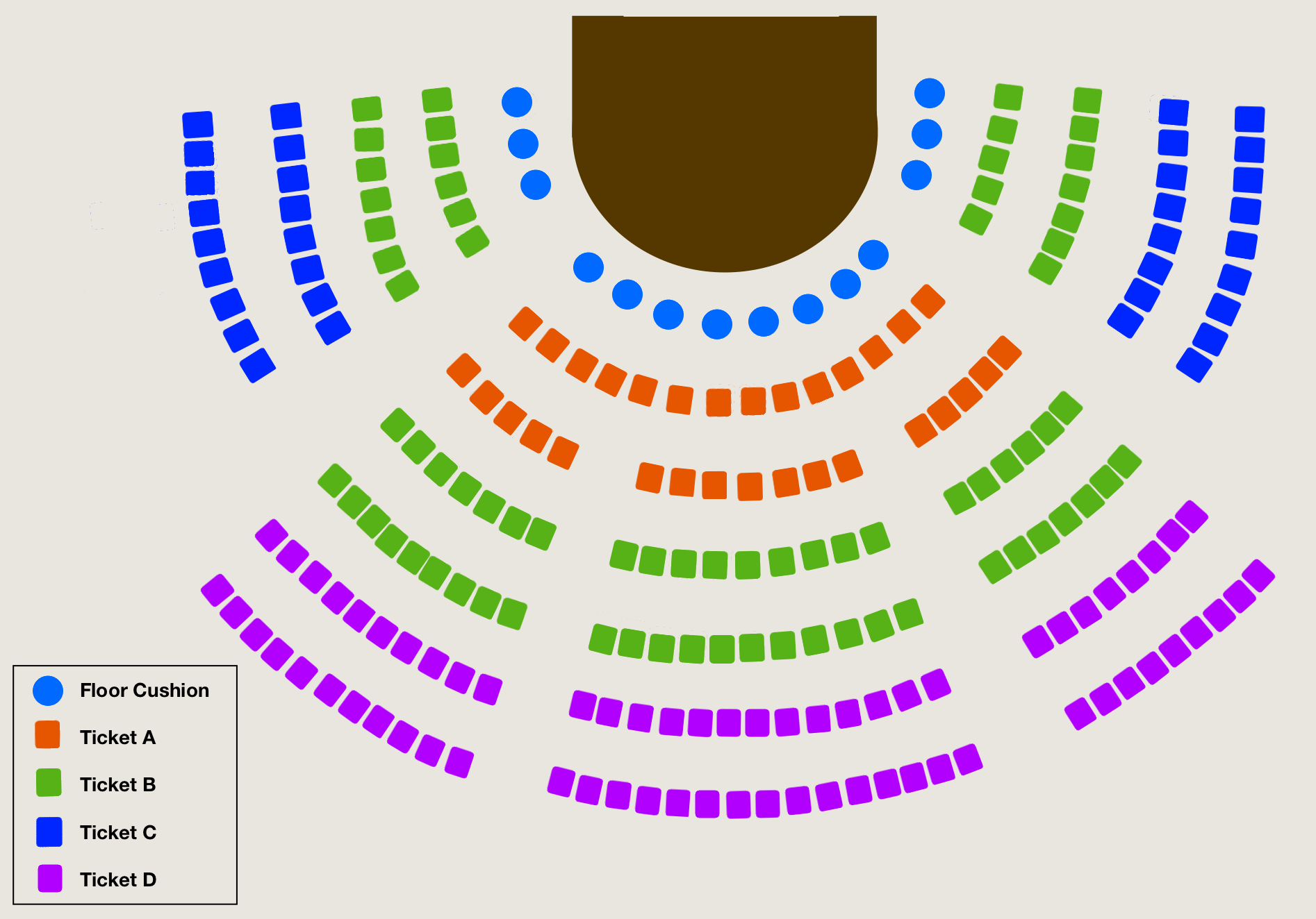 A venue floor map including a thrust stage and color-coded blocks representing the different ticket types.