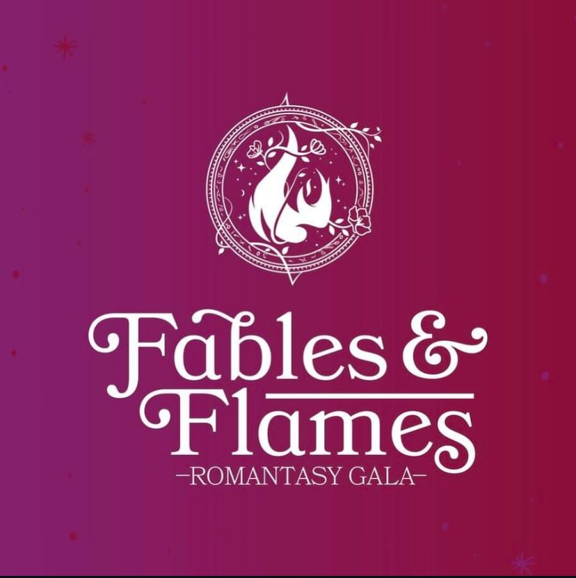 Purple back ground with a flame logo. Fantasy script saying, "Fables and Flames Romantasy Gala"