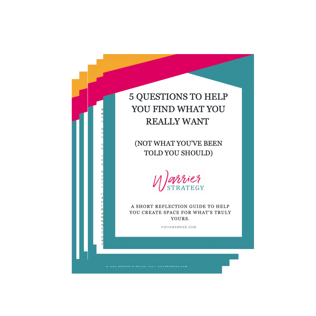 Page that says: 5 Questions to help you find what you really want (not what you've been told you should) Warrier Strategy A short reflection guide to help you create space for what's truly yours. A sliver of 4 pages sticking out under title page.