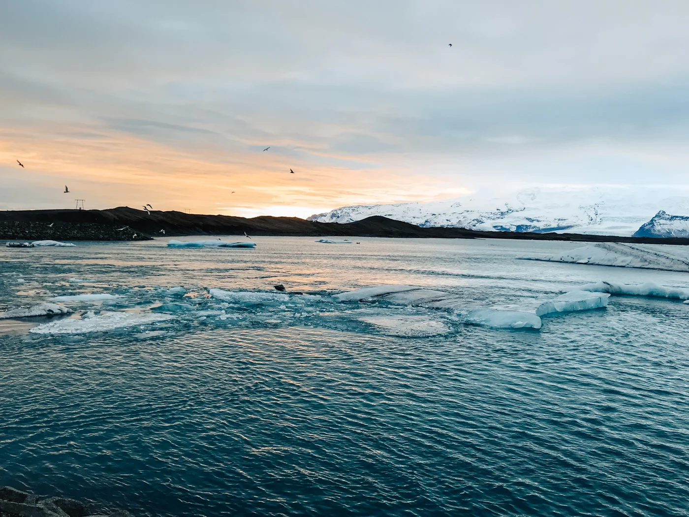 Sunset at Jökulsárlón glacier lagoon.