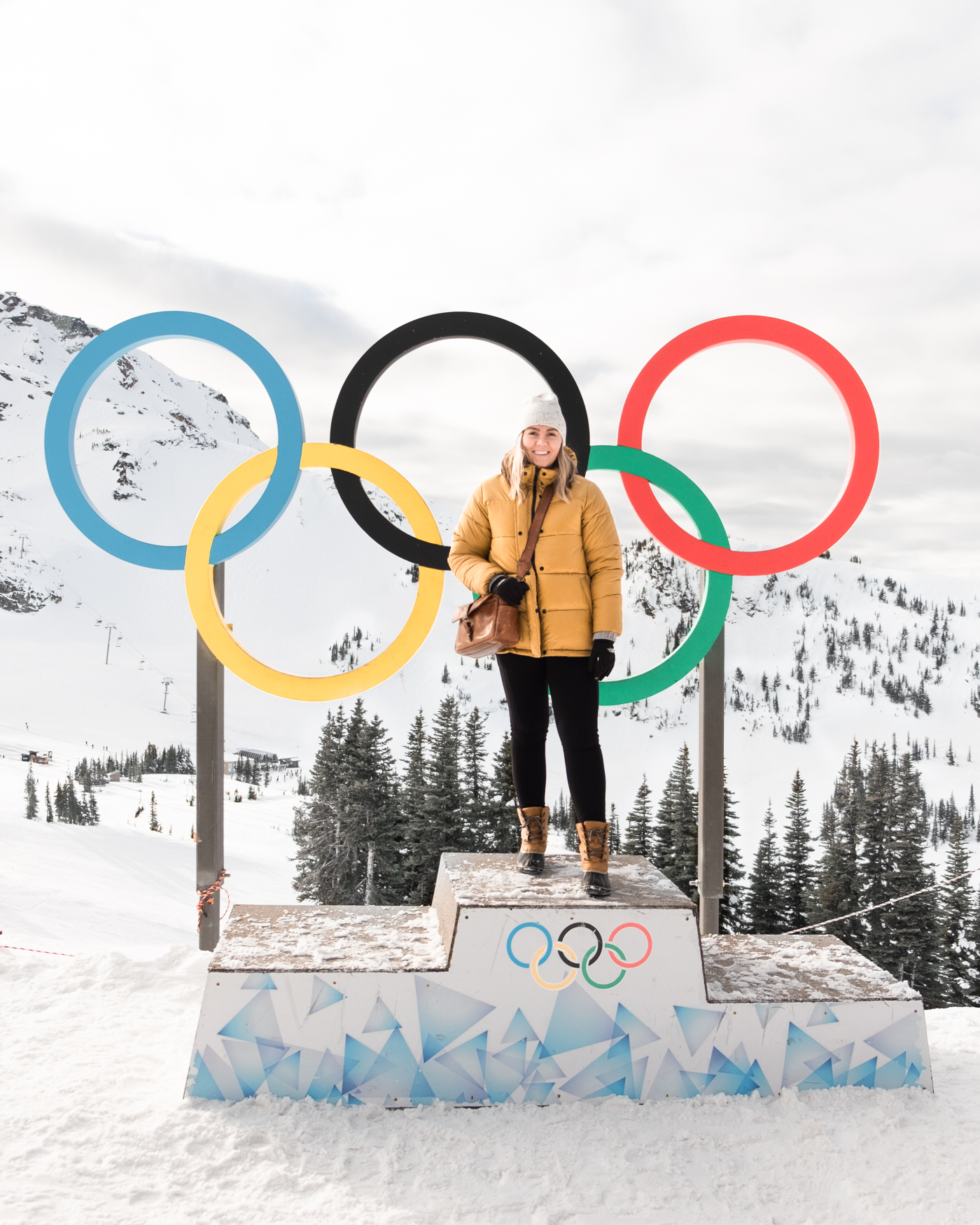 A trio of women take photos at the Olympic Rings in Whistler Village on a  winter day, Stock Photo, Picture And Rights Managed Image. Pic.  ACX-ACP79594 | agefotostock