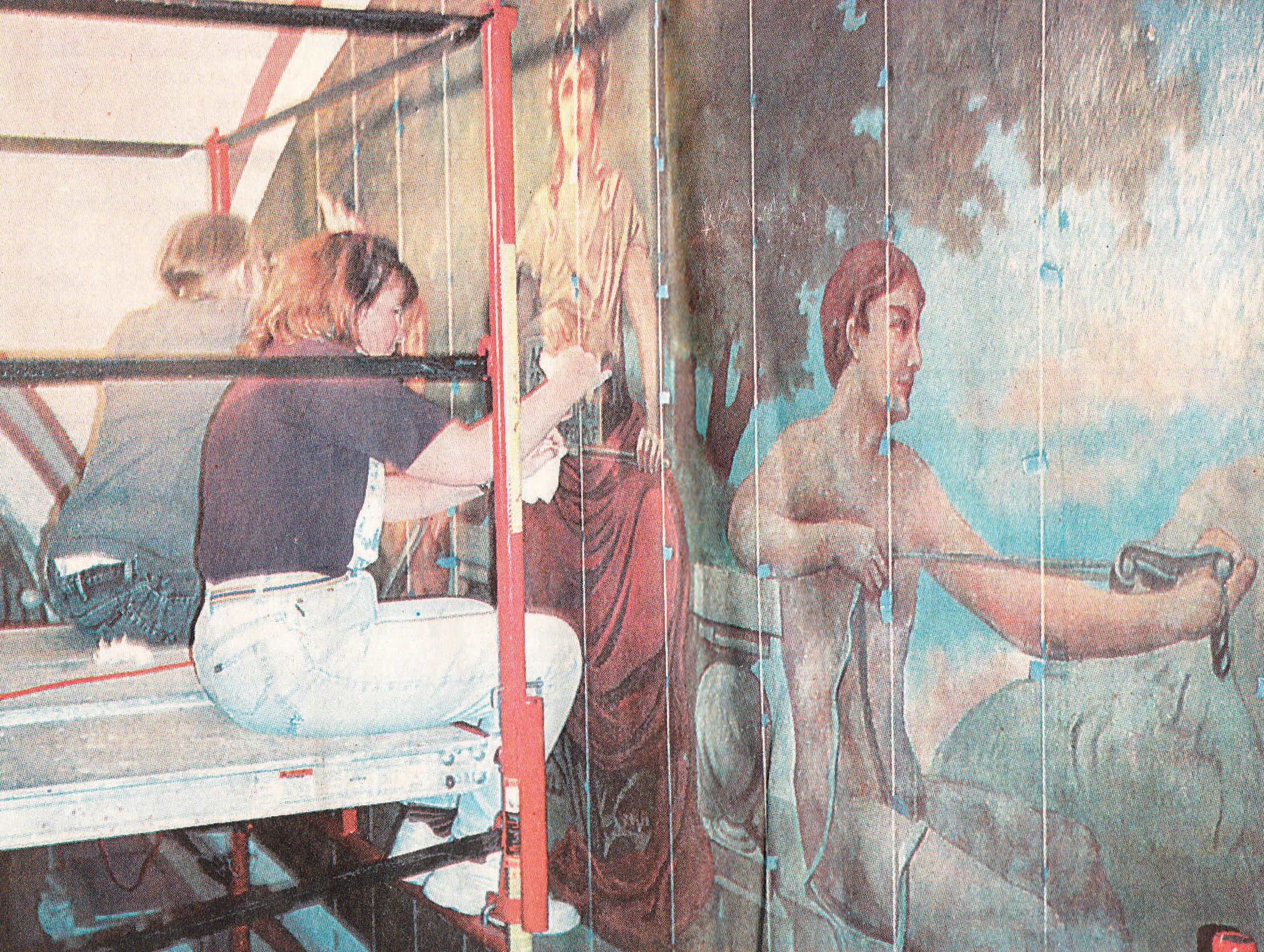 Nancy Achberger of Milford uses a syringe to inject an adhesive behind an air pocket in the paint of this mural on the second floor of the Greene County Courthouse. Archberger and the three other artists, including John Babcok who is in the background, are renovating the mural.