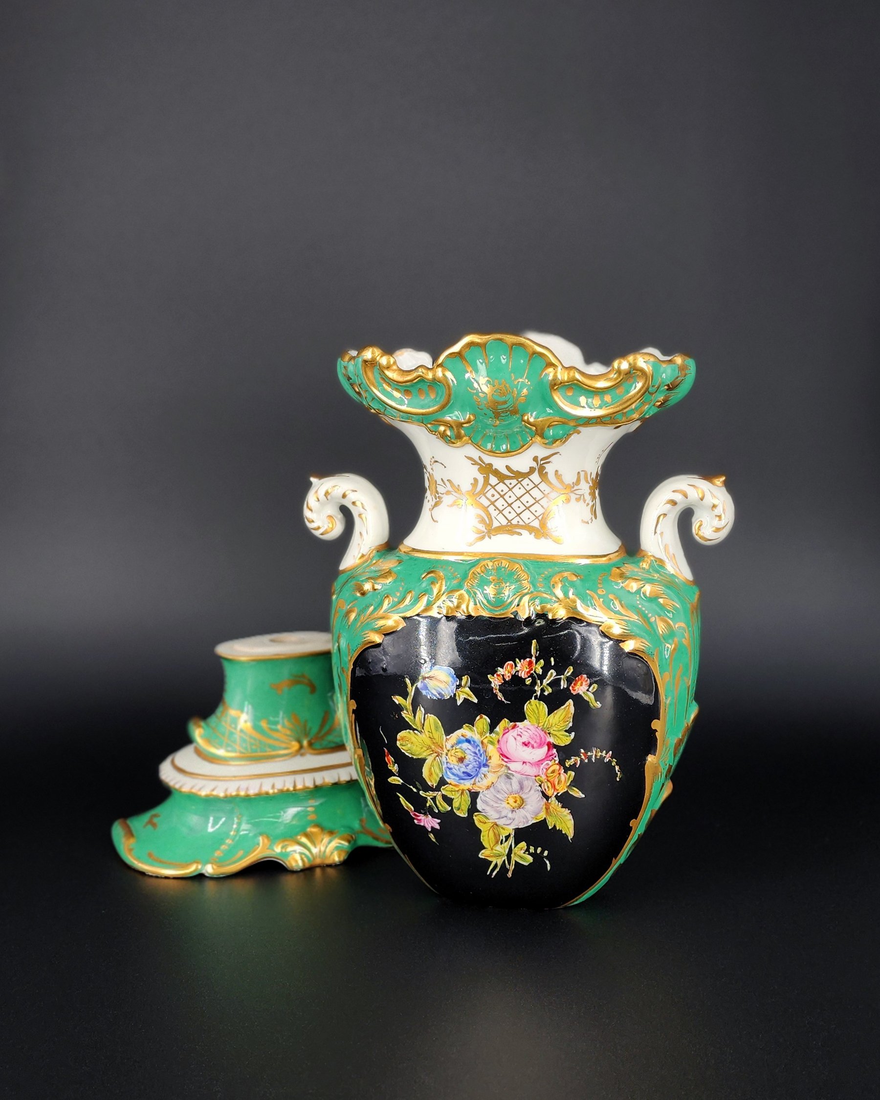 83103 Rumsey French Porcelain Ewer Green Black White with Flowers BEF1.jpg