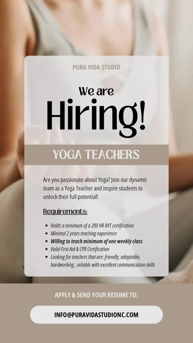 Pura Vida is looking to grow our yoga teaching community! We are looking for seasoned, passionate, and reliable yoga teachers who are excited to share their practice and help grow our amazing community🧘🏻‍♀️🧘🏽
We’re seeking teachers who