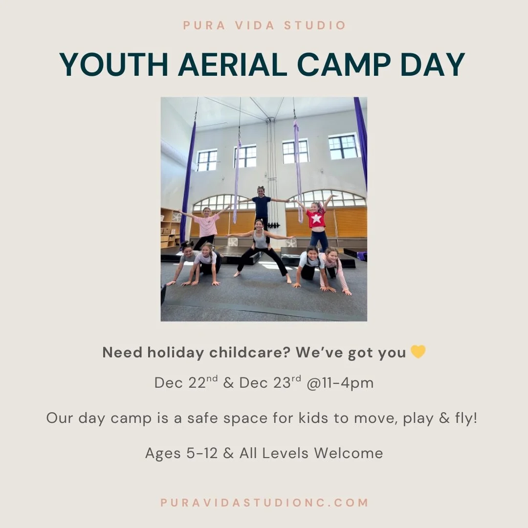 ✨ Holiday Aerial Camp Day ✨

Need childcare while you run last-minute holiday errands or just want extra support while kids are off school? Pura Vida has your back!

This one-day aerial camp is perfect for kids who want to climb, spin, move, and crea