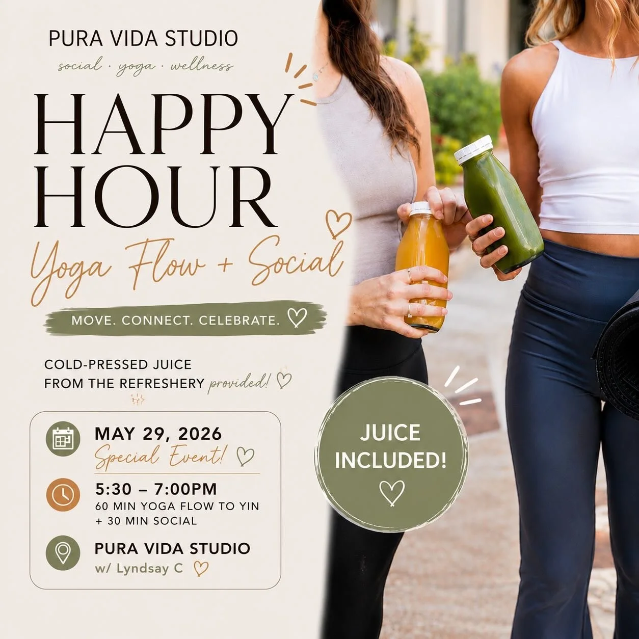 Happy Hour Flow to Yin Yoga Event + Social on May 29th🧘🏻&zwj;♀️💚

We&rsquo;ll kick off the evening with an uplifting 60-minute Flow to Yin class designed to help you shake off the week, move your body, and ease into your weekend feeling refreshed!