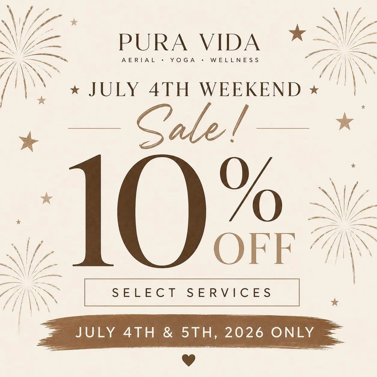 July 4th &amp; 5th weekend sale at Pura Vida🇺🇸

Your LAST CHANCE to grab a Pura Vida sale this summer! ☀️🙌

For TWO DAYS ONLY, enjoy 10% OFF select services:

💫 Class Packs
💫 In-House Workshops
💫 Open Studios
💫 Camps

Whether you&rsquo;re read