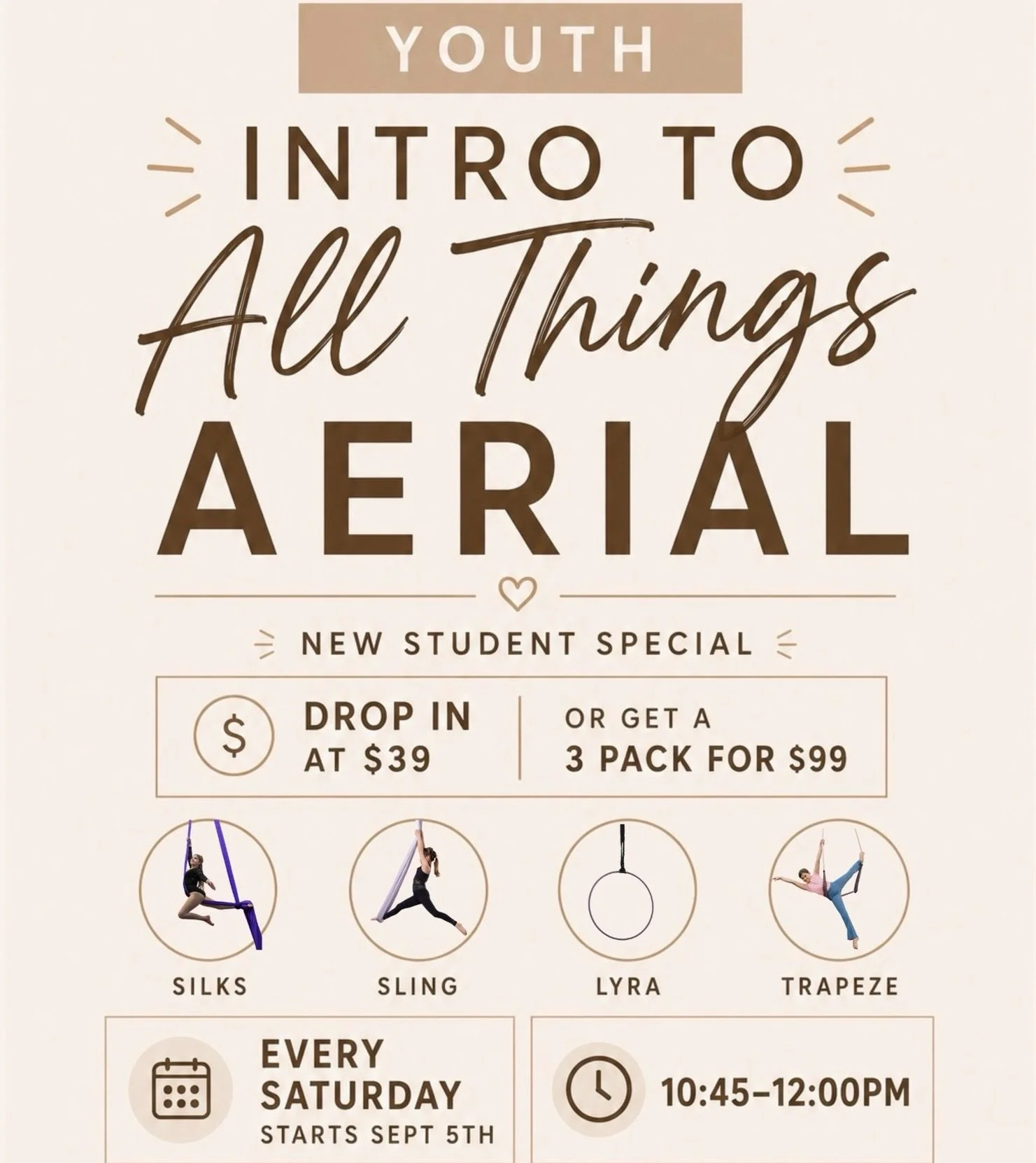 🎪 NEW! A Drop-In Aerial Class Just for Youth Ages 9&ndash;14!

Not sure which aerial apparatus your child will love? This is the perfect place to start.

Beginning September 5, our Youth Intro to All Things Aerial class lets ages 9-14 explore silks,