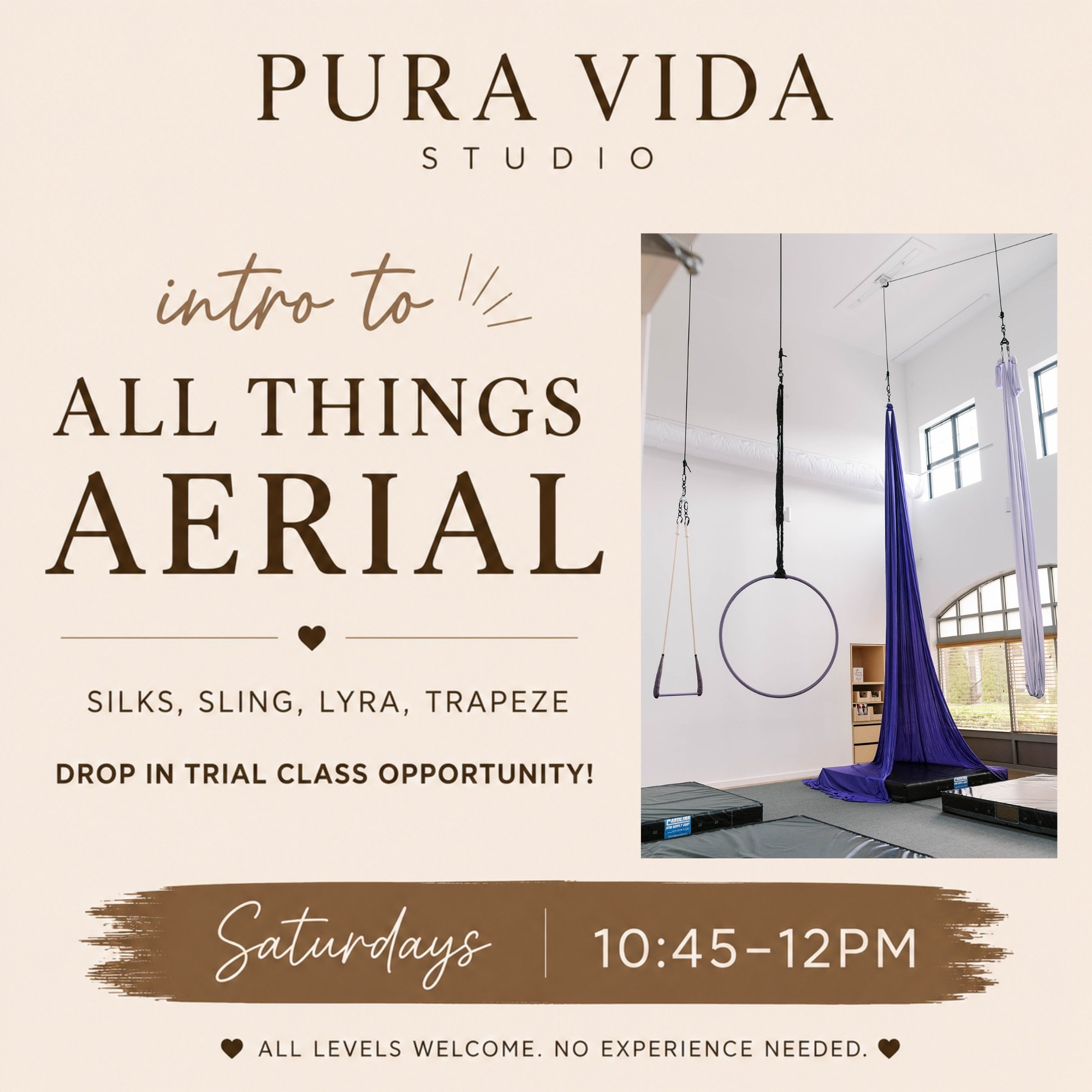We now have a trial aerial classes on Saturdays at 10:45-12pm! 🎪

Want to try aerial without having to choose just one apparatus? Intro to All Things Aerial lets you experience them all!

EVERY SATURDAY | 10:45 AM&ndash;12 PM

✨ Silks
✨ Sling
✨ Lyra