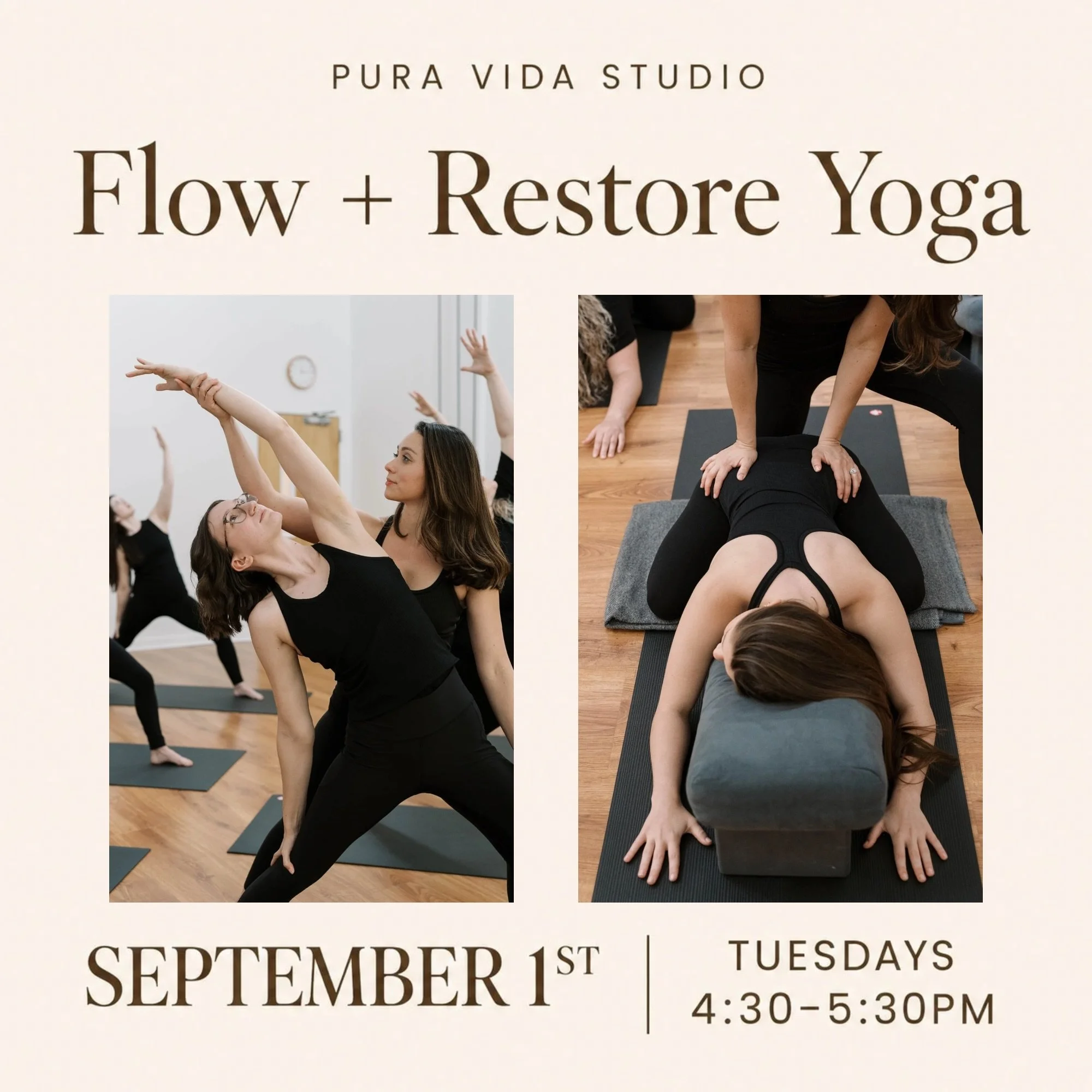 We&rsquo;re so excited to introduce our NEW Tuesday Flow &amp; Restore class starting Sept 1st @ 4:30pm🧘🏻&zwj;♀️

Start with an energizing flow, then slow things down with deep stretches + restorative postures so you leave feeling refreshed.

Want 