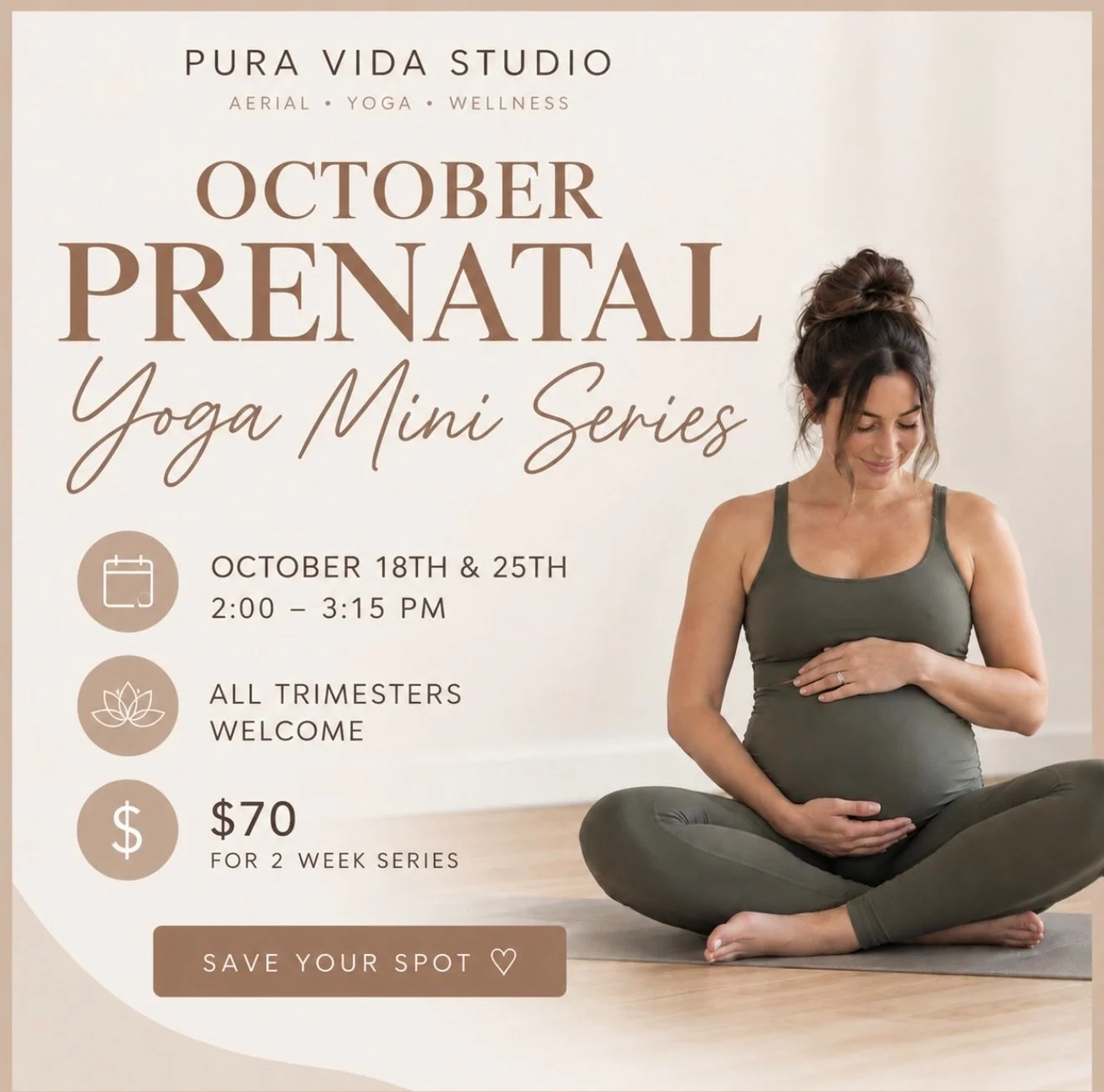 Join us for our 2-Week Prenatal Yoga Mini Series, a space designed for every stage of pregnancy and to connect with other mamas to be🤰

Each Sunday, you&rsquo;ll move through a safe, pregnancy-friendly practice incorporating mindful movement, breath
