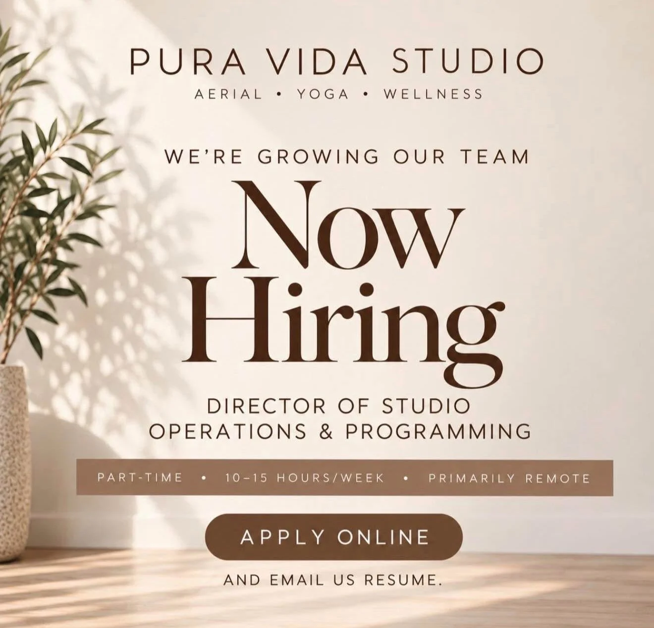 Pura Vida Studio is growing and we&rsquo;re looking for the right person to join our leadership team!

As our studio continues to grow, we&rsquo;re searching for a Director of Studio Operations &amp; Programming to work closely with our owner and hel