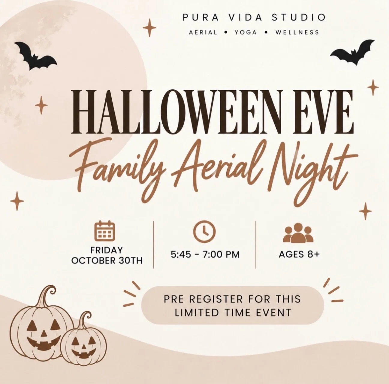 Get ready for a frightfully fun Halloween Eve adventure at Pura Vida Studio! 🧡🎃

Grab your little ghosts and goblins and join us for some silly, spooky aerial fun on the sling! Whether you&rsquo;re flying alongside your little one, bringing the sib