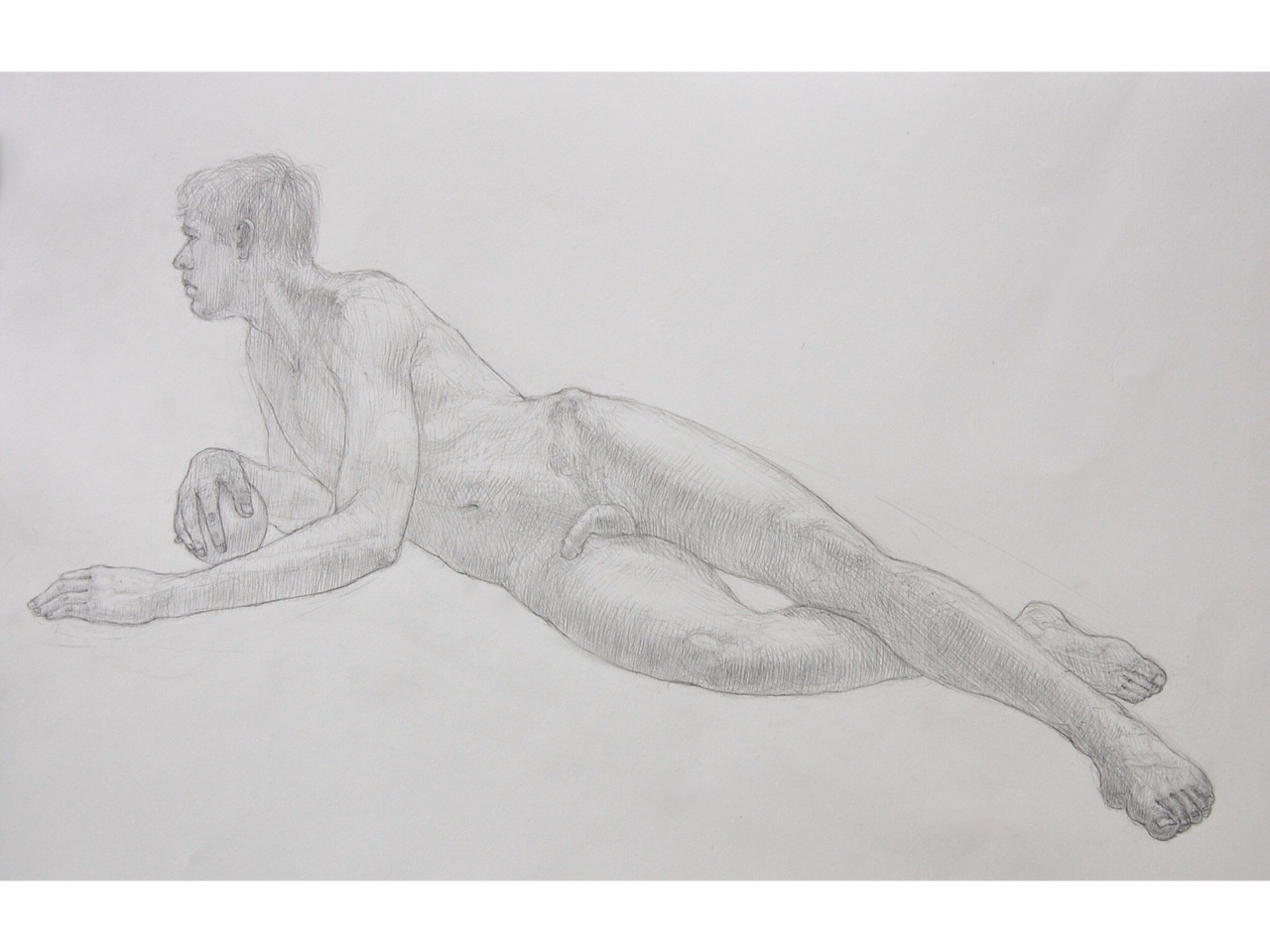 "Reclining Male with Sphere" Pencil on Arches water color paper. 22x30"