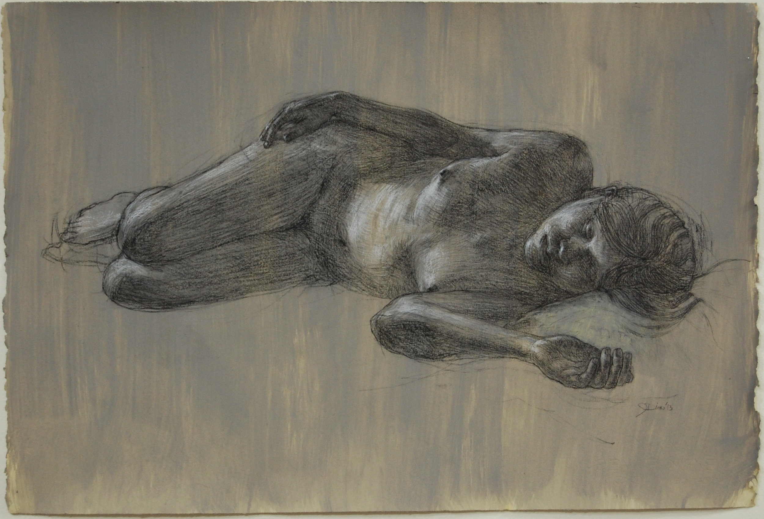 "Reclining Nude" Charcoal and white on prepared paper. 22x30"