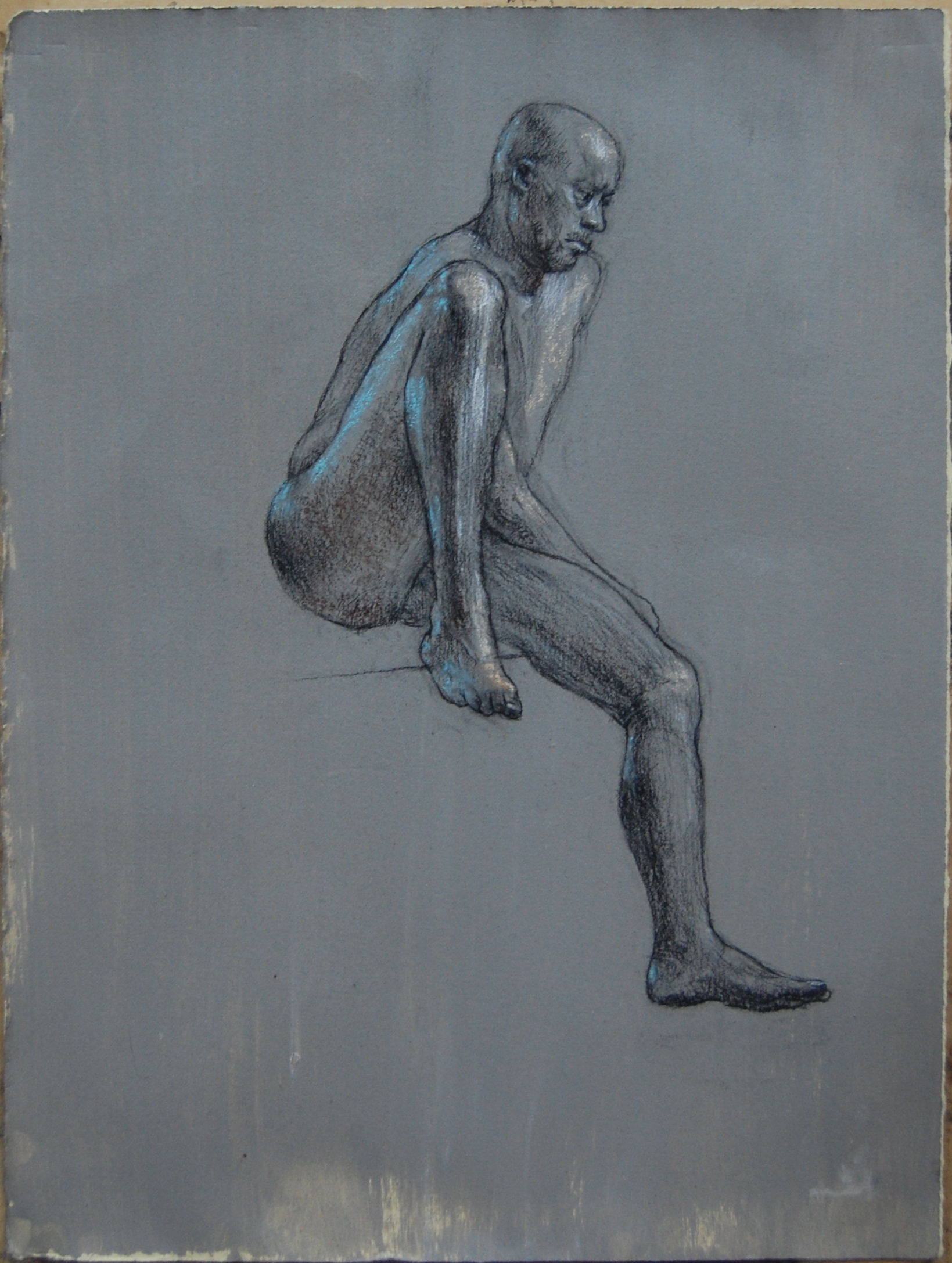 David seated. 11x9" Charcoal. white and blue on prepared paper
